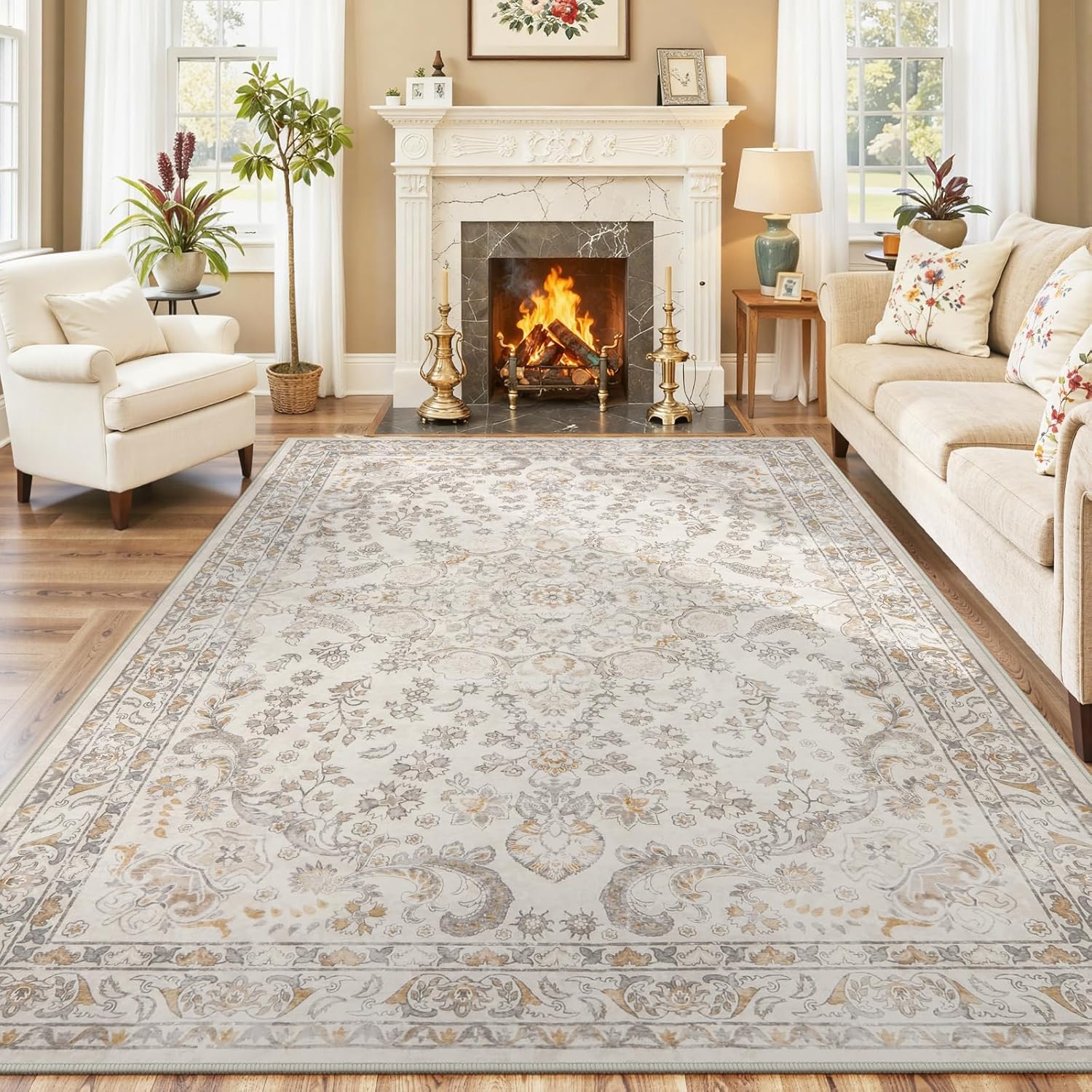 Wonnitar Floral Bow Print 8x10 Area Rugs, Washable Pink Rugs for Bedroom Girls, Boho Ultra-Thin Soft Non Slip Carpet for Nursery Living Room Kids Room Classroom Decor, Light Pink