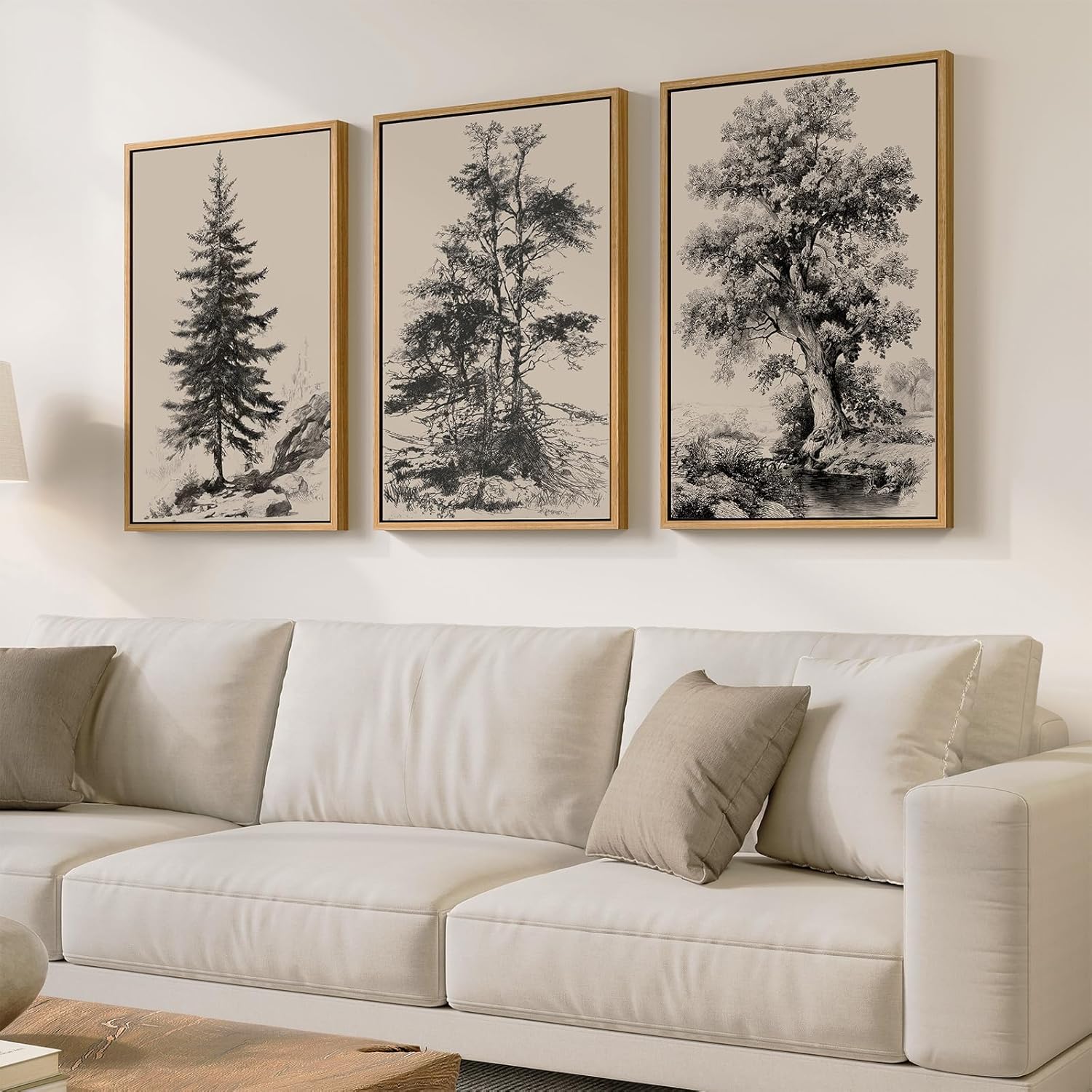 Large Vintage Framed Neutral Landscape Wall Art for Living Rooms, 3 Piece Retro Big Tree Sketch Botanical Forest Antique Canvas Artwork Set, Rustic Nature Wabi Sabi Art Prints for Hallway Home Office 24x36 Inch