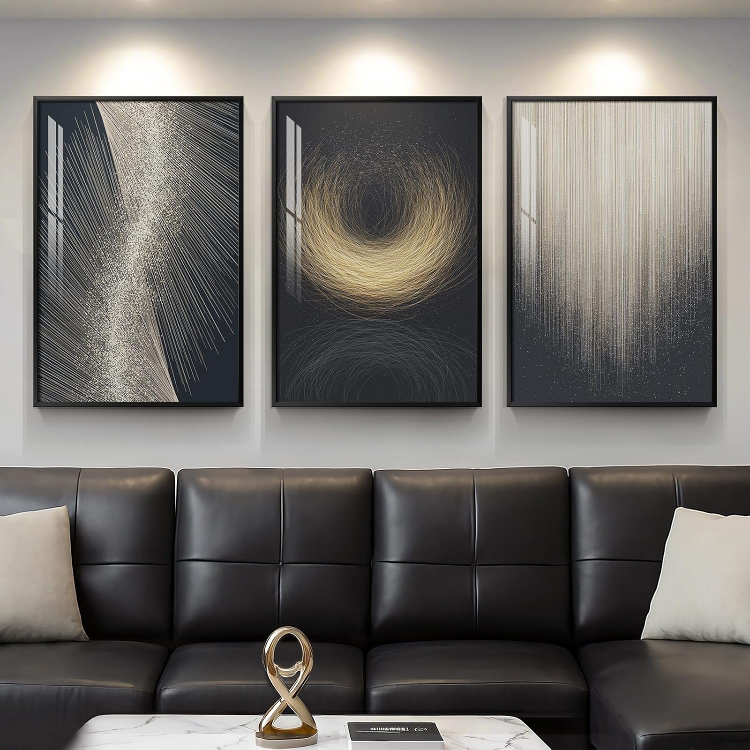 Large Framed Modern Luxury Gold Wall Art for Living Room, 3 Piece Bright Style Art Prints Paintings Artwork for Walls, Bronze Gold Geometric Pictures for Hallway Stair Office Wall Decor 24x36 In