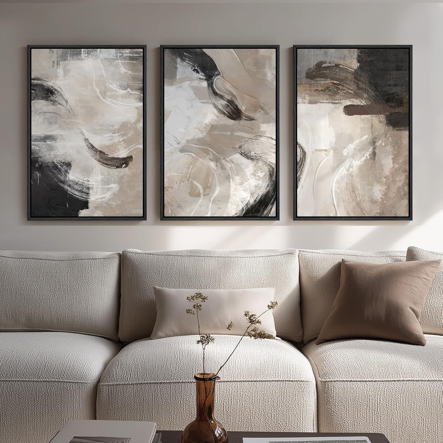 Large Framed Neutral Abstract Wall Art for Living Room, 3 Piece Modern Canvas Prints Paintings Artwork for Walls, Black and Beige Pictures for Living Room Hallway Stair Office Wall Decor 24x36 Inch