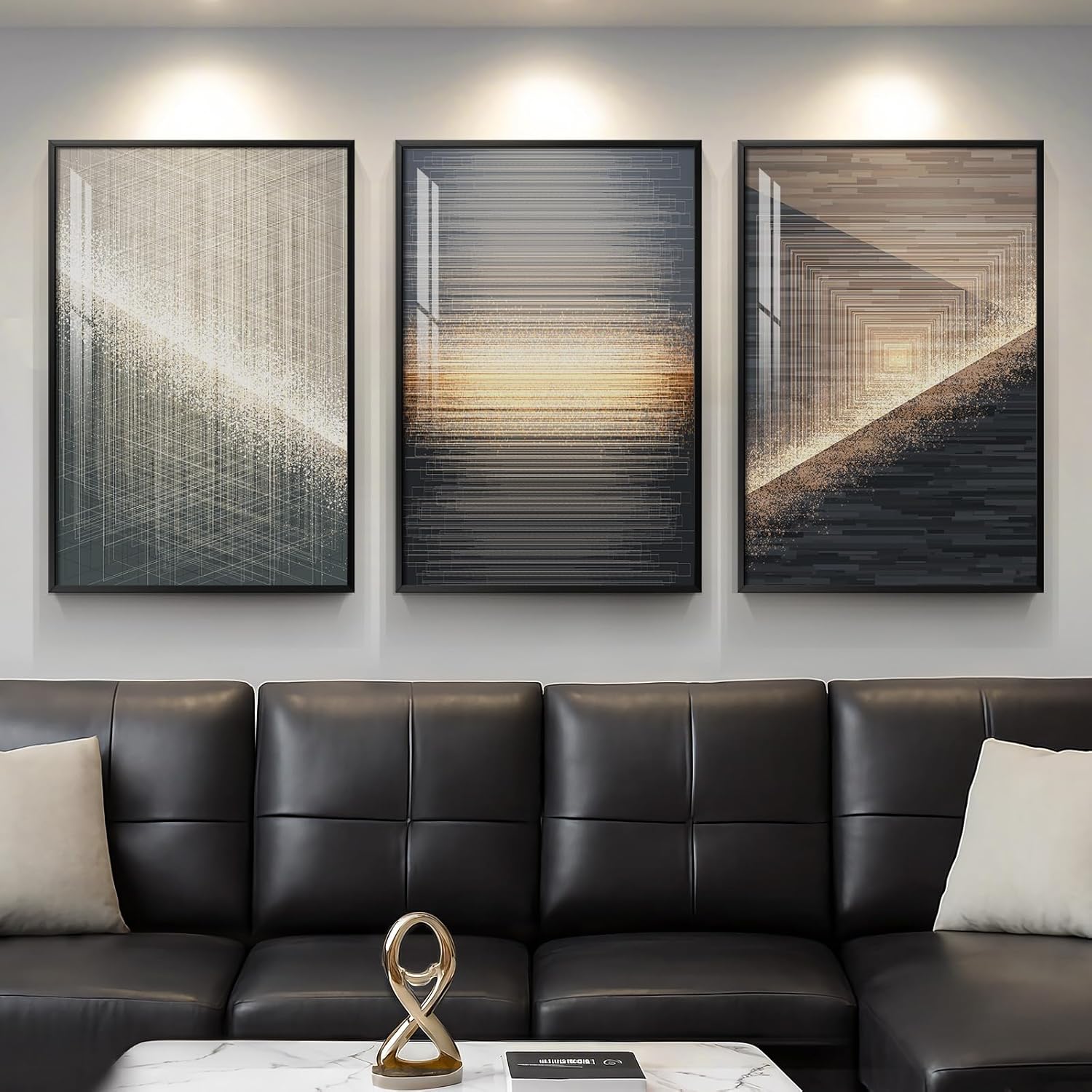 Large Framed Modern Luxury Gold Wall Art for Living Room, 3 Piece Bright Style Art Prints Paintings Artwork for Walls, Bronze Gold Geometric Pictures for Hallway Stair Office Wall Decor 24x36 In
