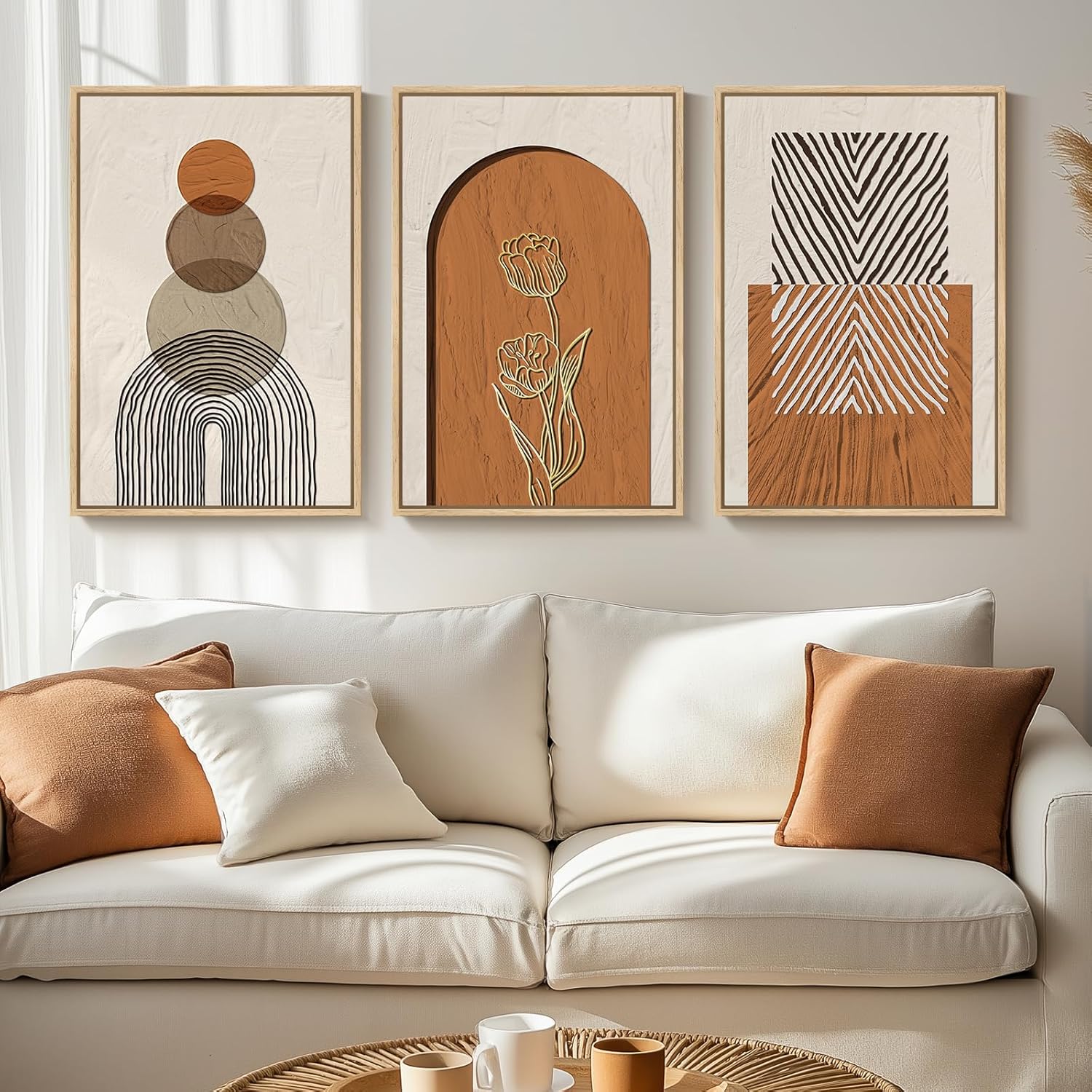 Framed Sage Green Boho Wall Art for Living Room, 3 Piece Minimalist Beige and Green Bohemian Artwork for Walls, Large Geometric Leaf Line Boho Paintings Prints for Bedroom Hallway Wall Decor, 16x24 In