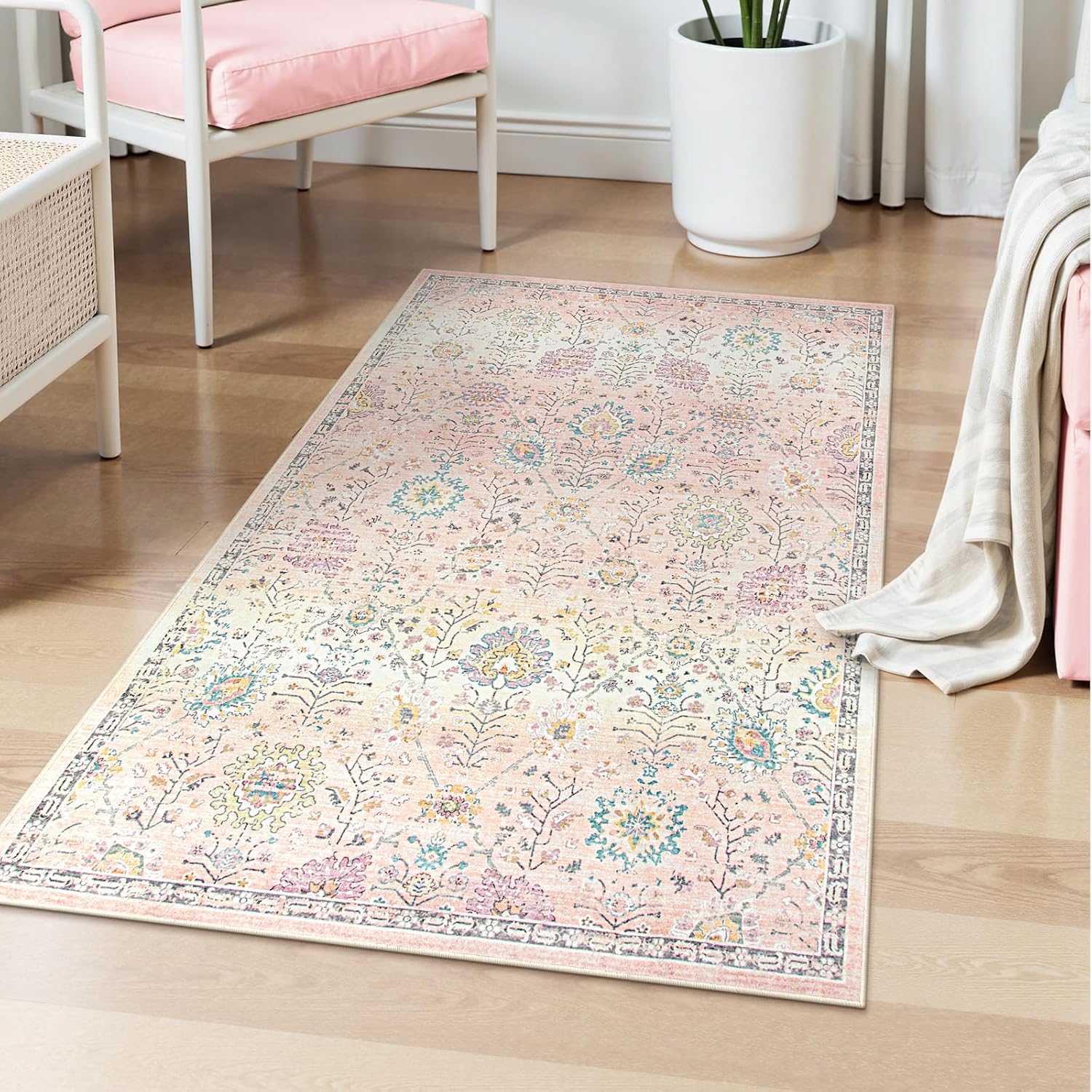 Lahome Pink Boho Area Rug, 8x10 Washable Rugs for Bedroom Girls Living Room, Soft Blush Floral Non Slip Pastel Thin Floor Carpet for Classroom Playroom Home Decor
