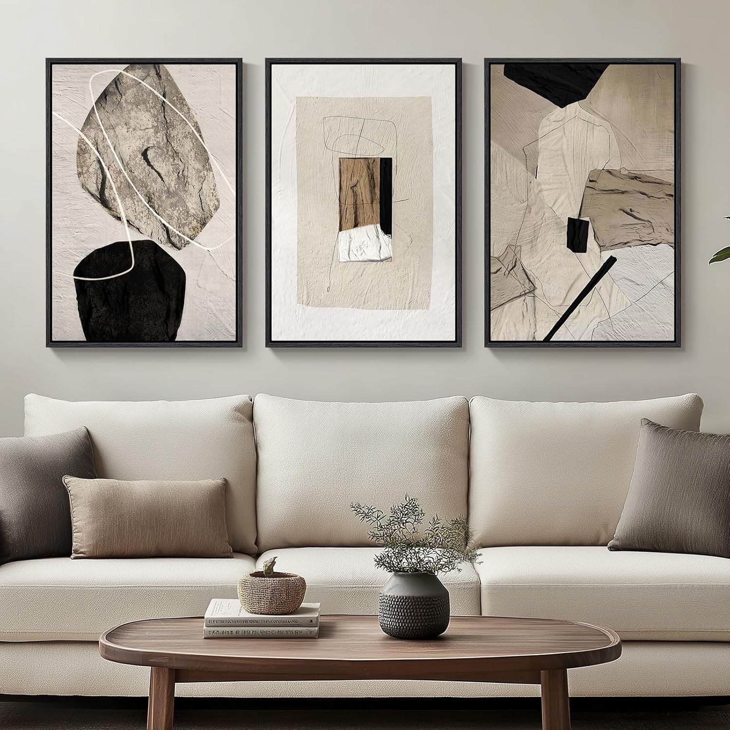 Large Framed Neutral Abstract Wall Art for Living Room, 3 Piece Modern Canvas Prints Paintings Artwork for Walls, Black and Beige Pictures for Living Room Hallway Stair Office Wall Decor 24x36 Inch