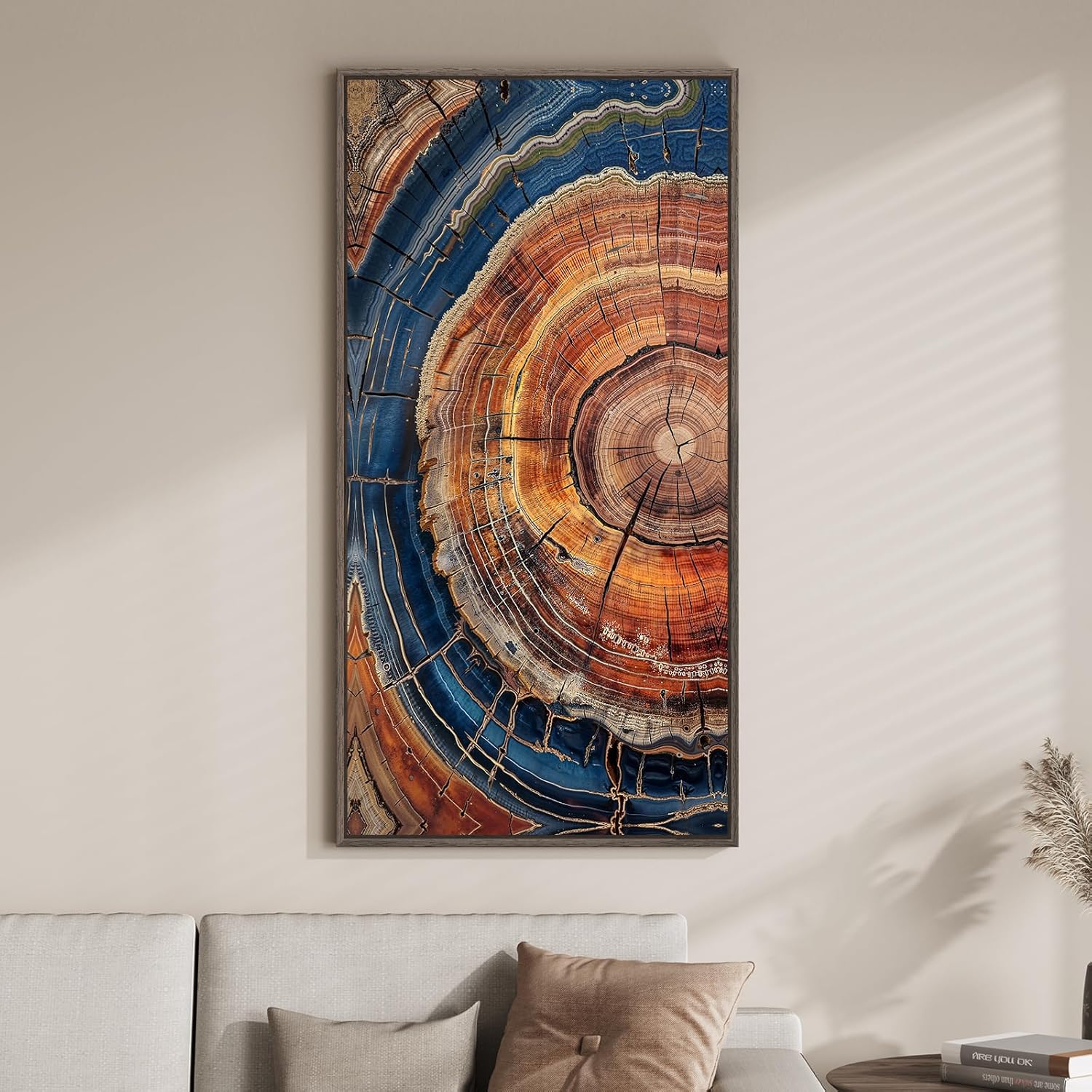 Framed Vertical Colorful Tree Ring Living Room Wall Art, Large Vintage Farmhouse Wood Stump Canvas Artwork for Walls, Rustic Nature Tree Ring Painting Print for Office Kitchen Foyer Stair Wall Decor, 20x40 Inch