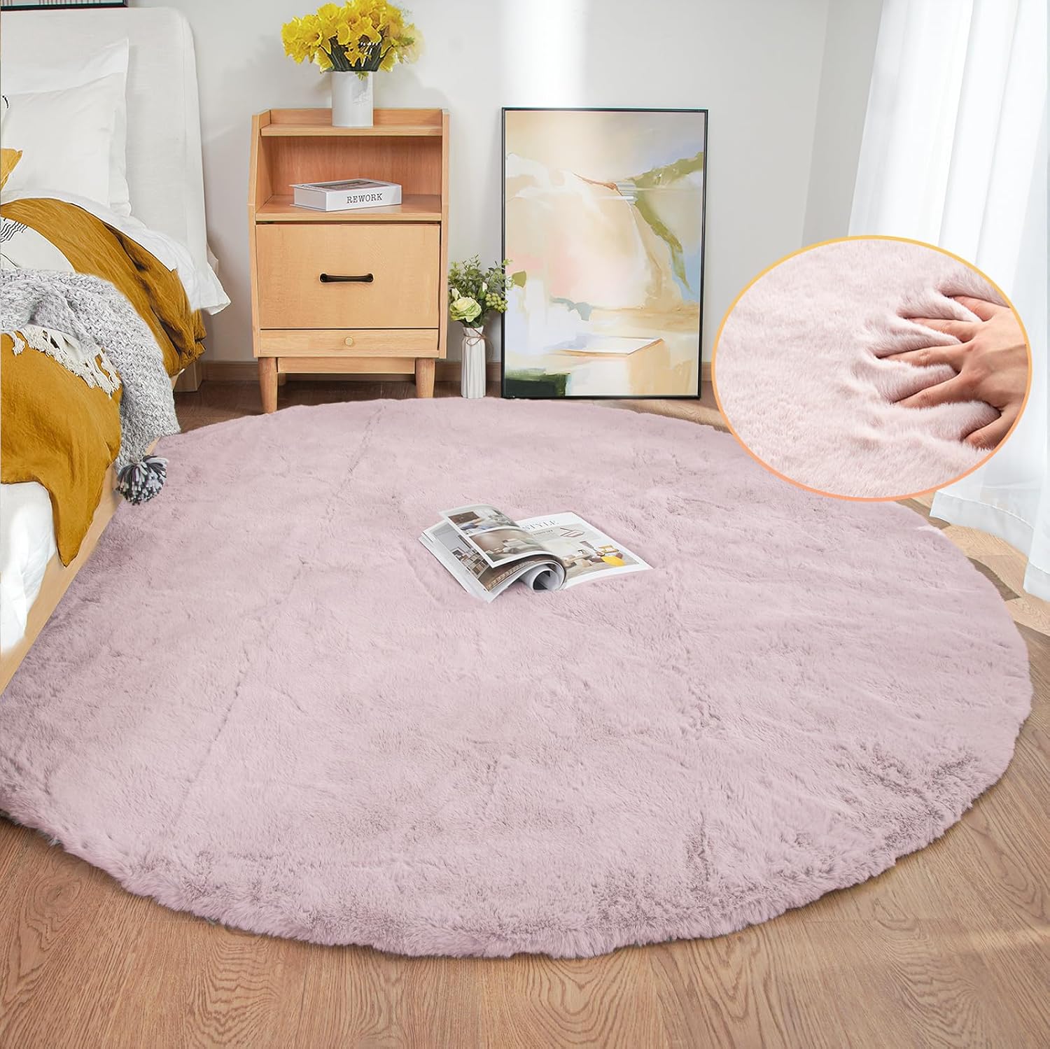 ORINOVA Pink Washable Fluffy 5x8 Area Rugs for Bedroom Plush Faux Rabbit Shag Fur Rug for Living Room Nursery Rug