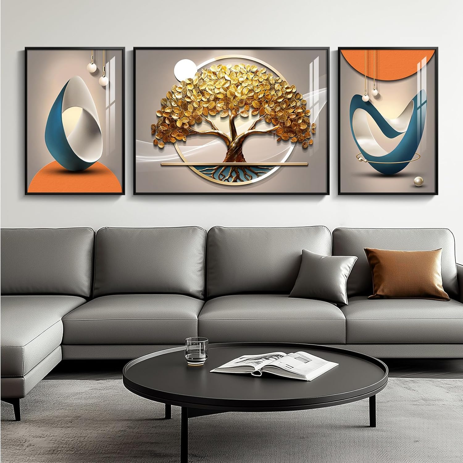 Large Framed Modern Luxury Gold Wall Art for Living Room, 3 Piece Bright Style Art Prints Paintings Artwork for Walls, Bronze Gold Geometric Pictures for Hallway Stair Office Wall Decor 24x36 In
