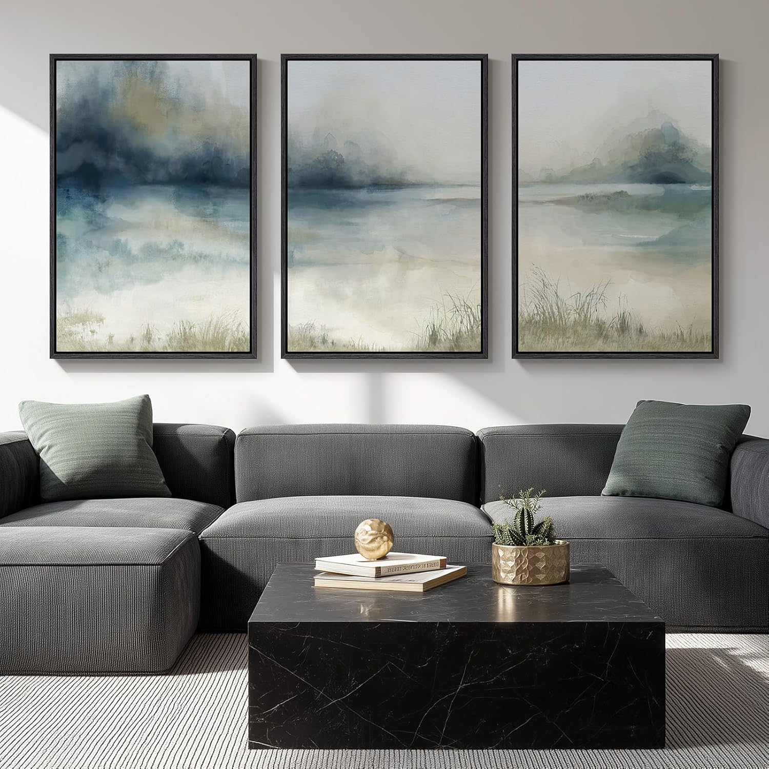 Large Framed Blue and Grey Abstract Wall Art for Living Room, 3 Piece Modern Canvas Prints Paintings Artwork for Walls, Minimalist Abstract Pictures Wall Decor for Hallway Office Bedroom 24x36 In