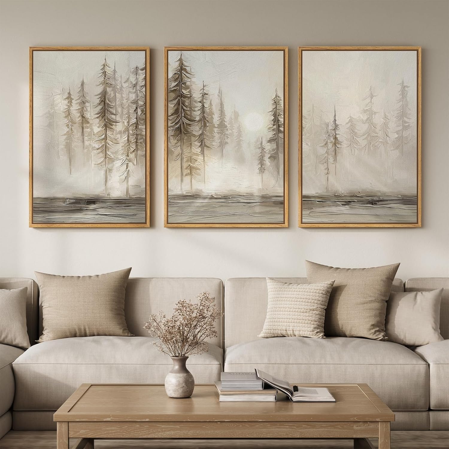 Large Vintage Framed Neutral Landscape Wall Art for Living Rooms, 3 Piece Retro Big Tree Sketch Botanical Forest Antique Canvas Artwork Set, Rustic Nature Wabi Sabi Art Prints for Hallway Home Office 24x36 Inch