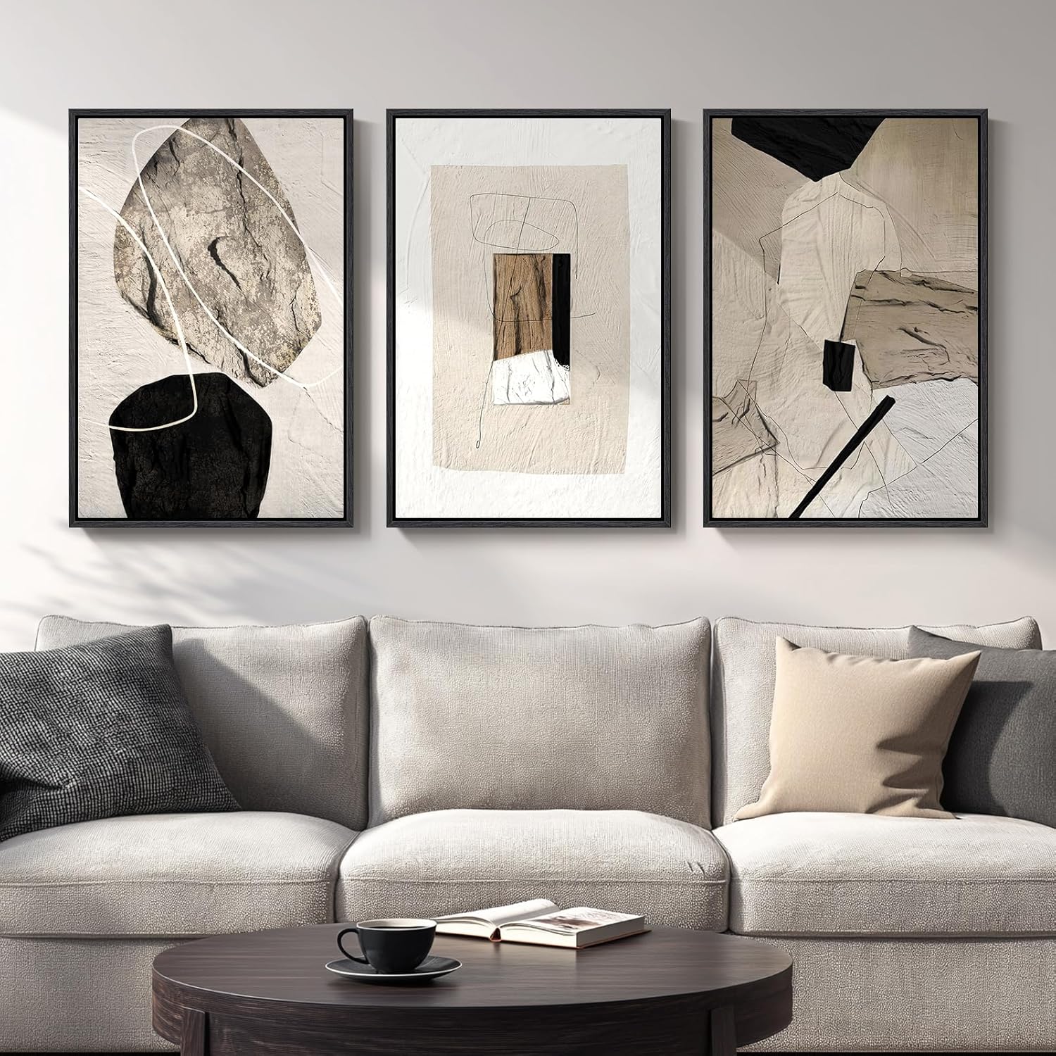 Large Framed Neutral Abstract Wall Art for Living Room, 3 Piece Modern Canvas Prints Paintings Artwork for Walls, Black and Beige Pictures for Living Room Hallway Stair Office Wall Decor 24x36 Inch