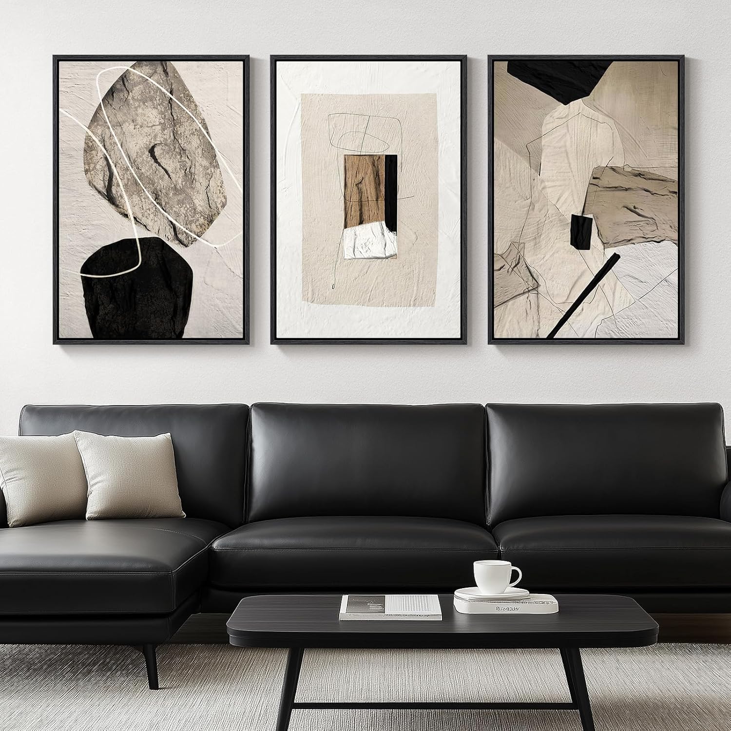 Large Framed Neutral Abstract Wall Art for Living Room, 3 Piece Modern Canvas Prints Paintings Artwork for Walls, Black and Beige Pictures for Living Room Hallway Stair Office Wall Decor 24x36 Inch