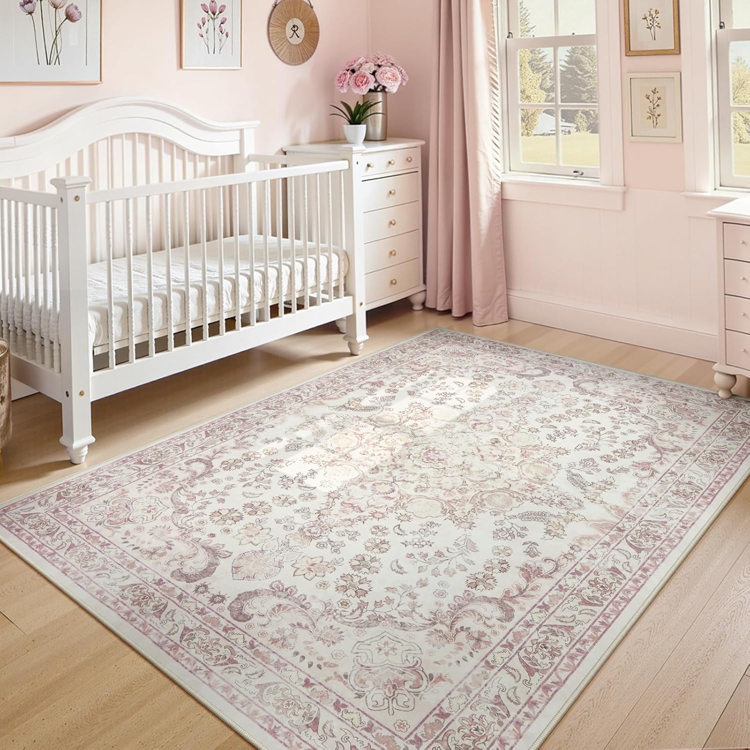 Wonnitar Floral Bow Print 8x10 Area Rugs, Washable Pink Rugs for Bedroom Girls, Boho Ultra-Thin Soft Non Slip Carpet for Nursery Living Room Kids Room Classroom Decor, Light Pink