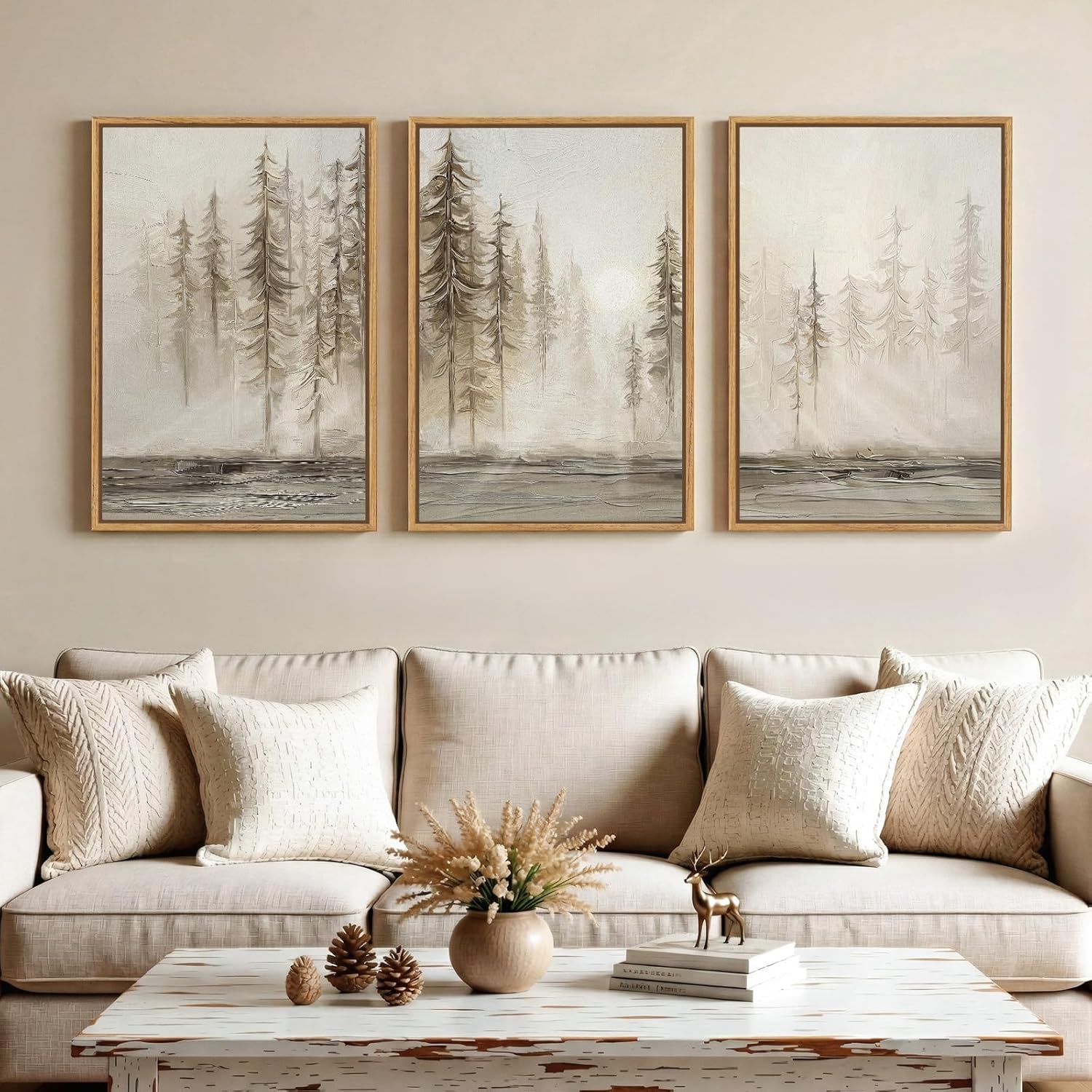 Large Vintage Framed Neutral Landscape Wall Art for Living Rooms, 3 Piece Retro Big Tree Sketch Botanical Forest Antique Canvas Artwork Set, Rustic Nature Wabi Sabi Art Prints for Hallway Home Office 24x36 Inch