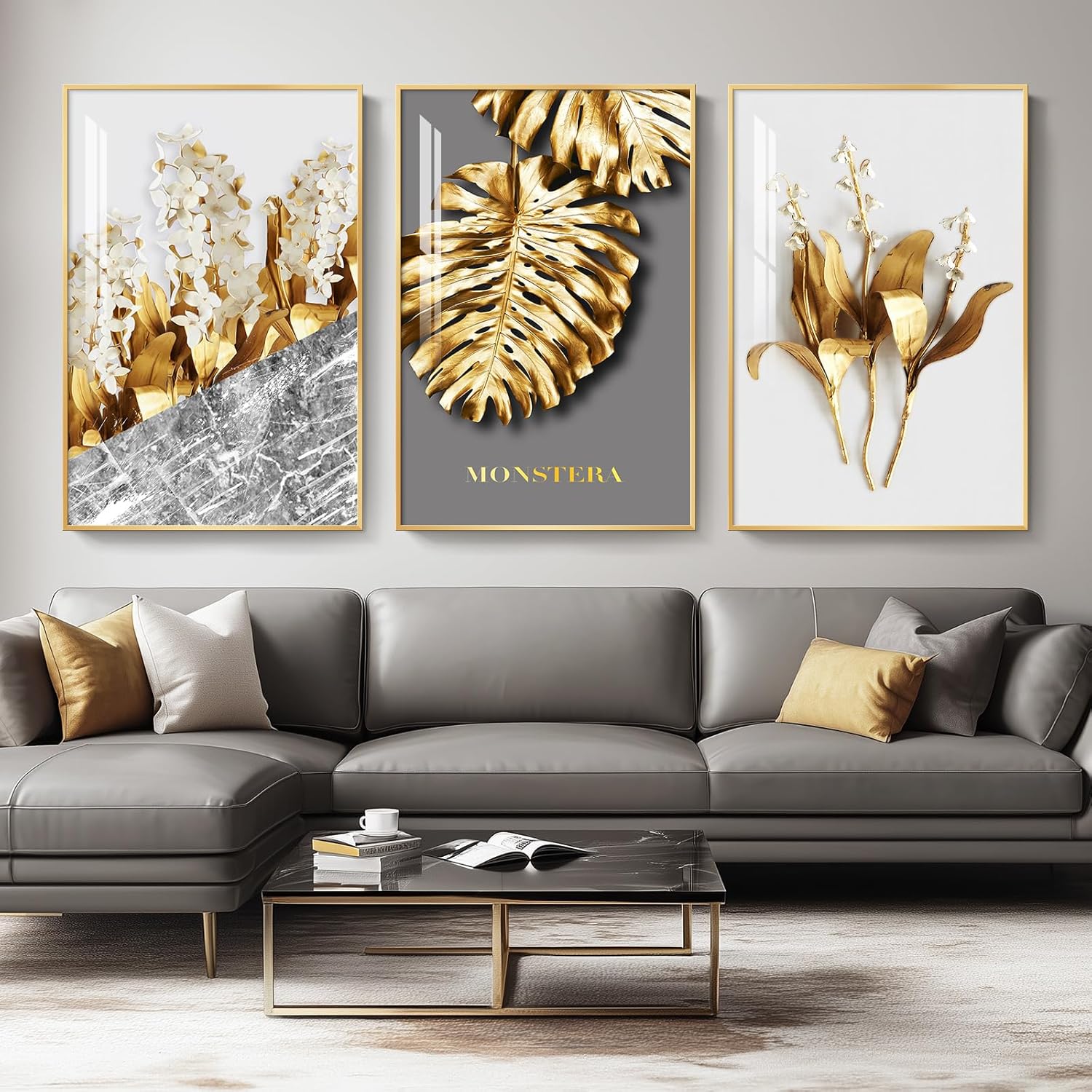 Large Framed Modern Luxury Gold Wall Art for Living Room, 3 Piece Bright Style Art Prints Paintings Artwork for Walls, Bronze Gold Geometric Pictures for Hallway Stair Office Wall Decor 24x36 In