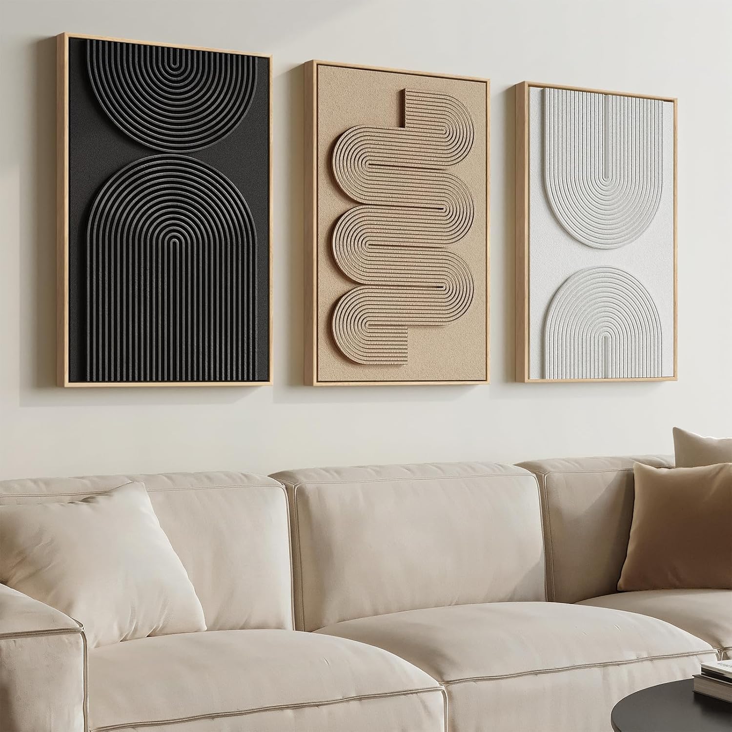 Large 3D Textured Framed Boho Neutral Abstract Wall Art for Living Room, 3 Piece Modern Paintings Artwork for Walls, Black White Brown Minimalist Geometric Pictures for Hallway Office Wall Decor 24x36 In