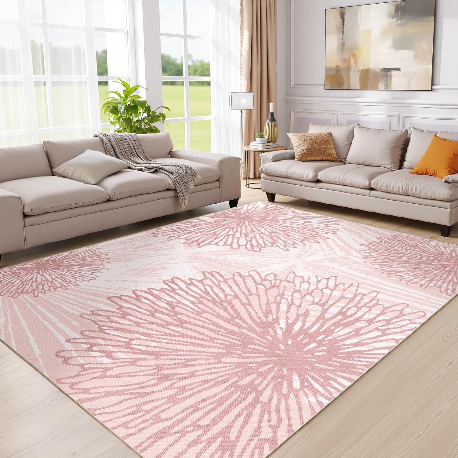 WITSHOCK Pink Rugs 9x12 for Bedroom Girls,Floral Modern Distress Print Pattern Carpet for Living Room Dining Room,Stain Resistant Anti Slip Backing Rugs for Kids Room Nursery Playroom,Light Pink