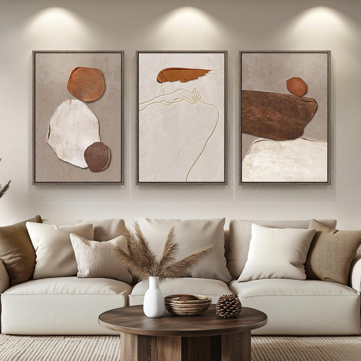 Large Framed Neutral Abstract Wall Art for Living Room, 3 Piece Modern Canvas Prints Paintings Artwork for Walls, Black and Beige Pictures for Living Room Hallway Stair Office Wall Decor 24x36 Inch