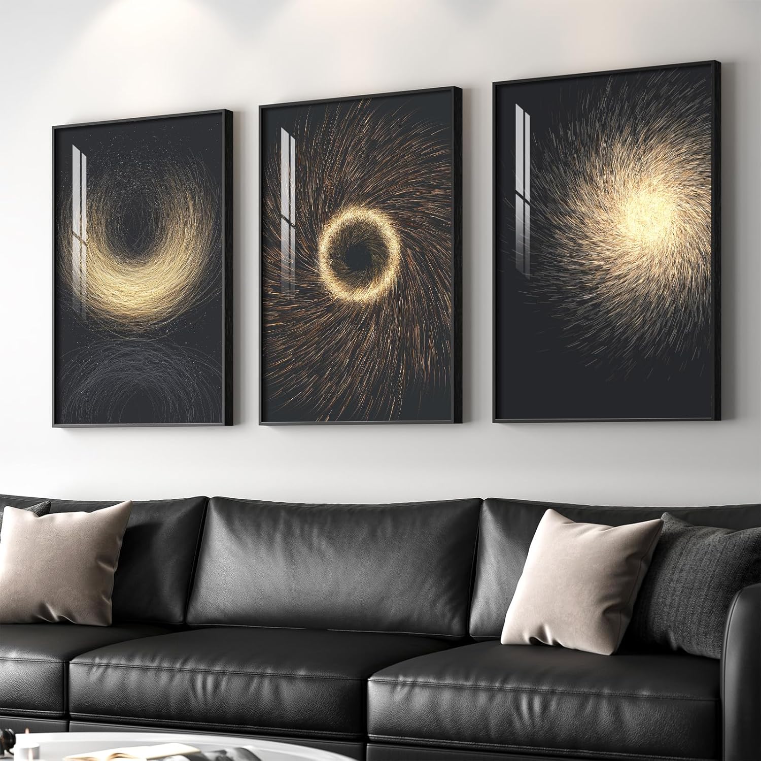 Large Framed Modern Luxury Gold Wall Art for Living Room, 3 Piece Bright Style Art Prints Paintings Artwork for Walls, Bronze Gold Geometric Pictures for Hallway Stair Office Wall Decor 24x36 In