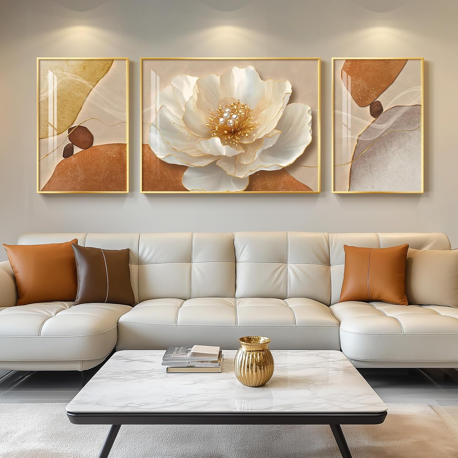 Large Framed Modern Luxury Gold Wall Art for Living Room, 3 Piece Bright Style Art Prints Paintings Artwork for Walls, Bronze Gold Geometric Pictures for Hallway Stair Office Wall Decor 24x36 In