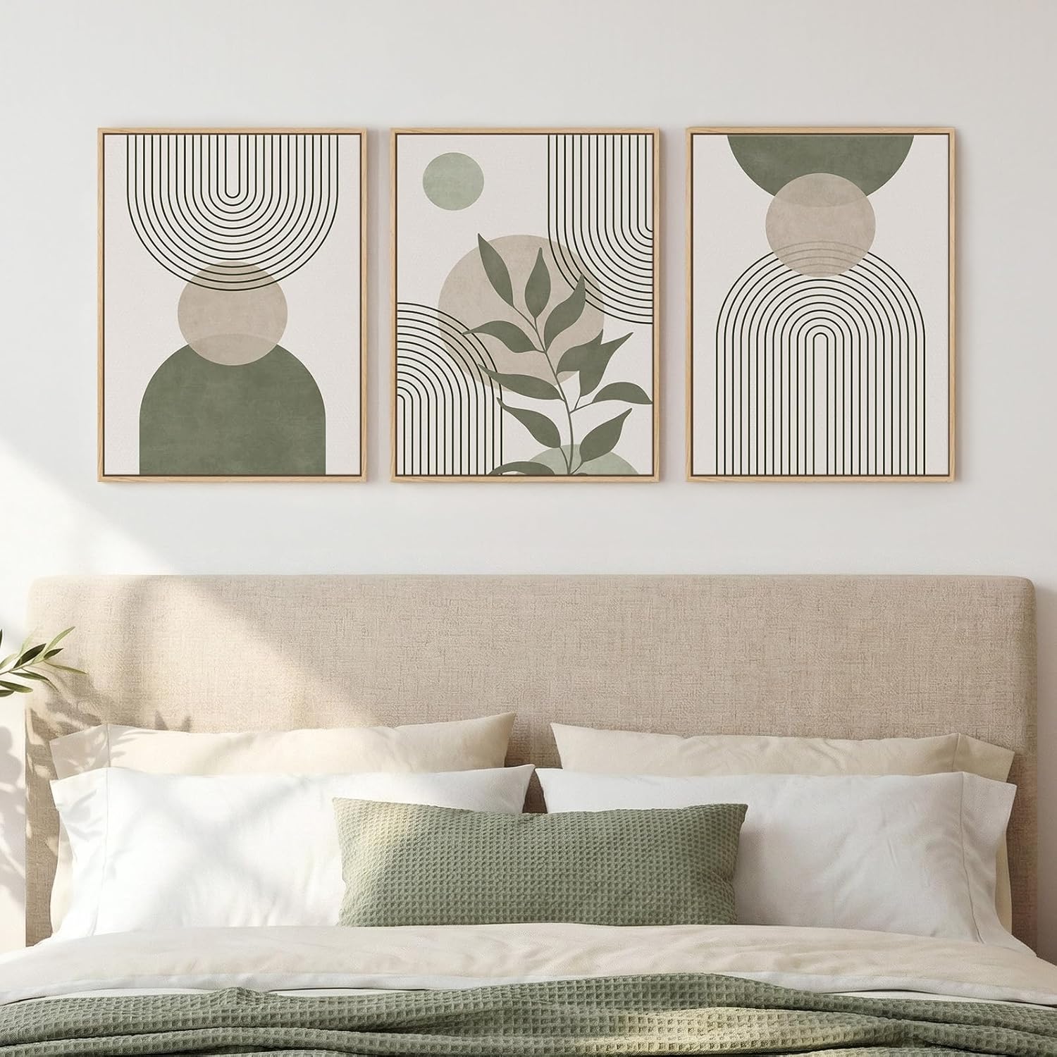 Framed Sage Green Boho Wall Art for Living Room, 3 Piece Minimalist Beige and Green Bohemian Artwork for Walls, Large Geometric Leaf Line Boho Paintings Prints for Bedroom Hallway Wall Decor, 16x24 In