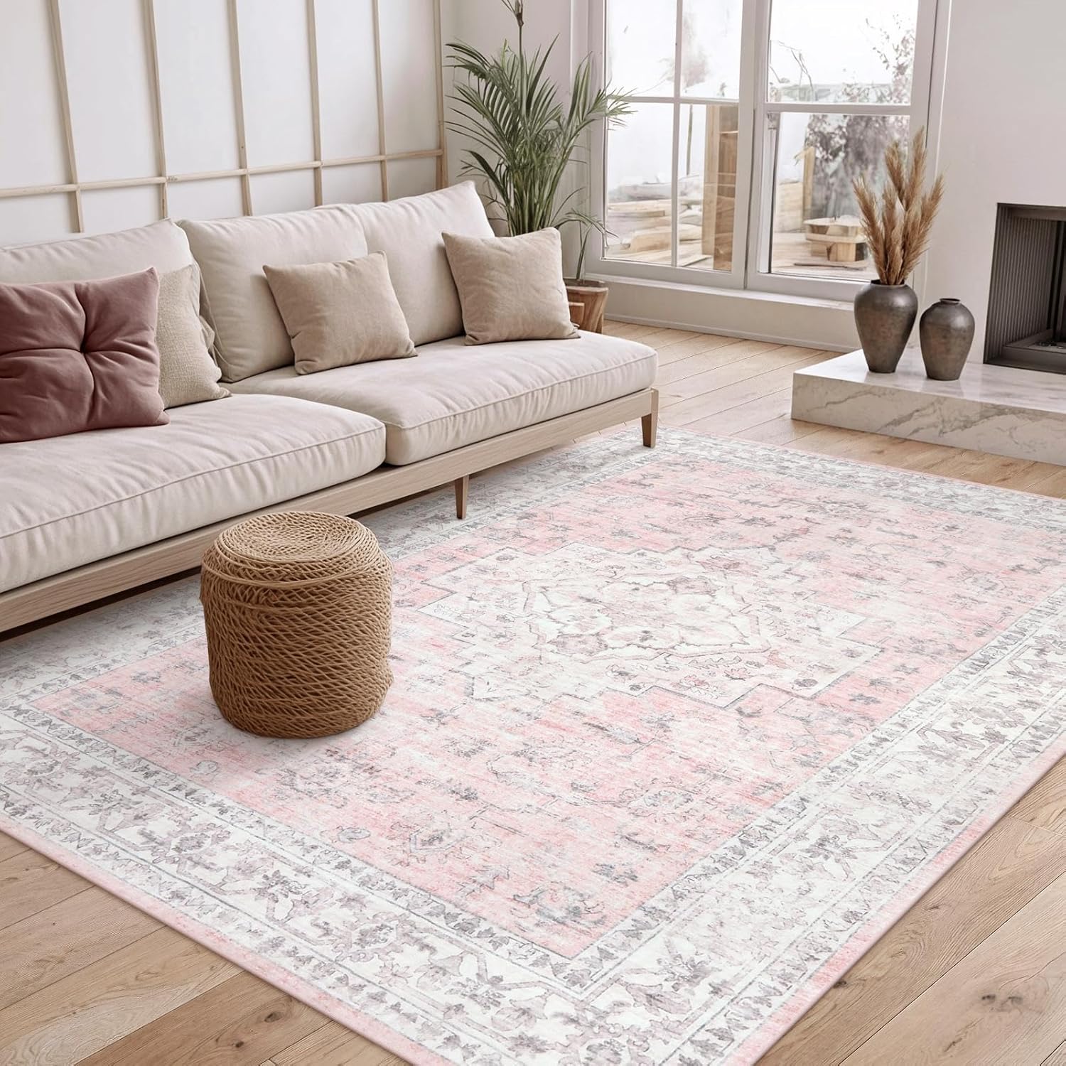 LIVEBOX Pink 8x10 Area Rug for Bedroom Girls, Boho Washable Rugs for Living Room Nursery, Non-Slip Indoor Soft Carpet Low-Pile Farmhouse Carpets for Dining Room Kids Playroom, Pink