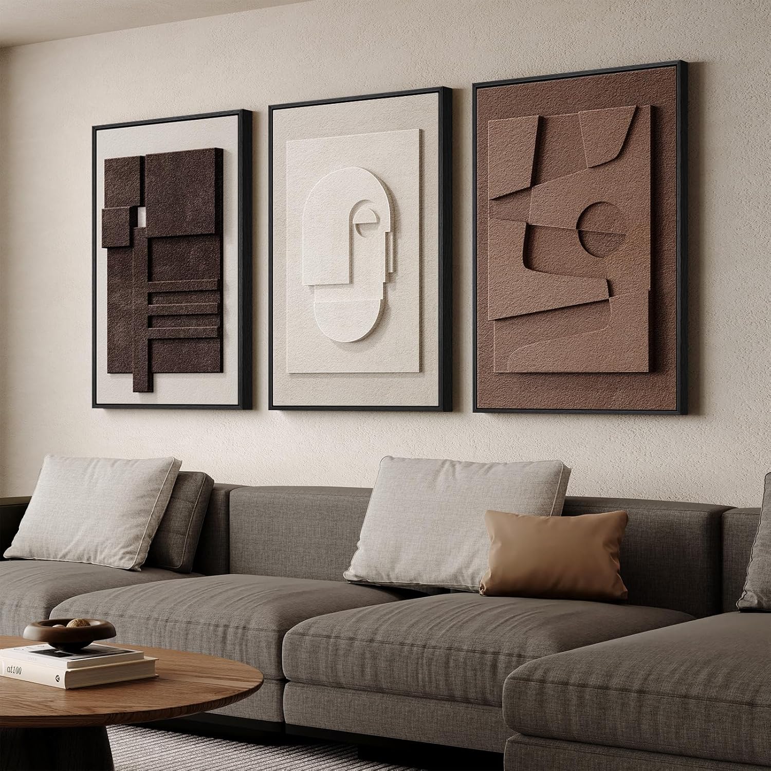 Large 3D Textured Framed Boho Neutral Abstract Wall Art for Living Room, 3 Piece Modern Paintings Artwork for Walls, Black White Brown Minimalist Geometric Pictures for Hallway Office Wall Decor 24x36 In