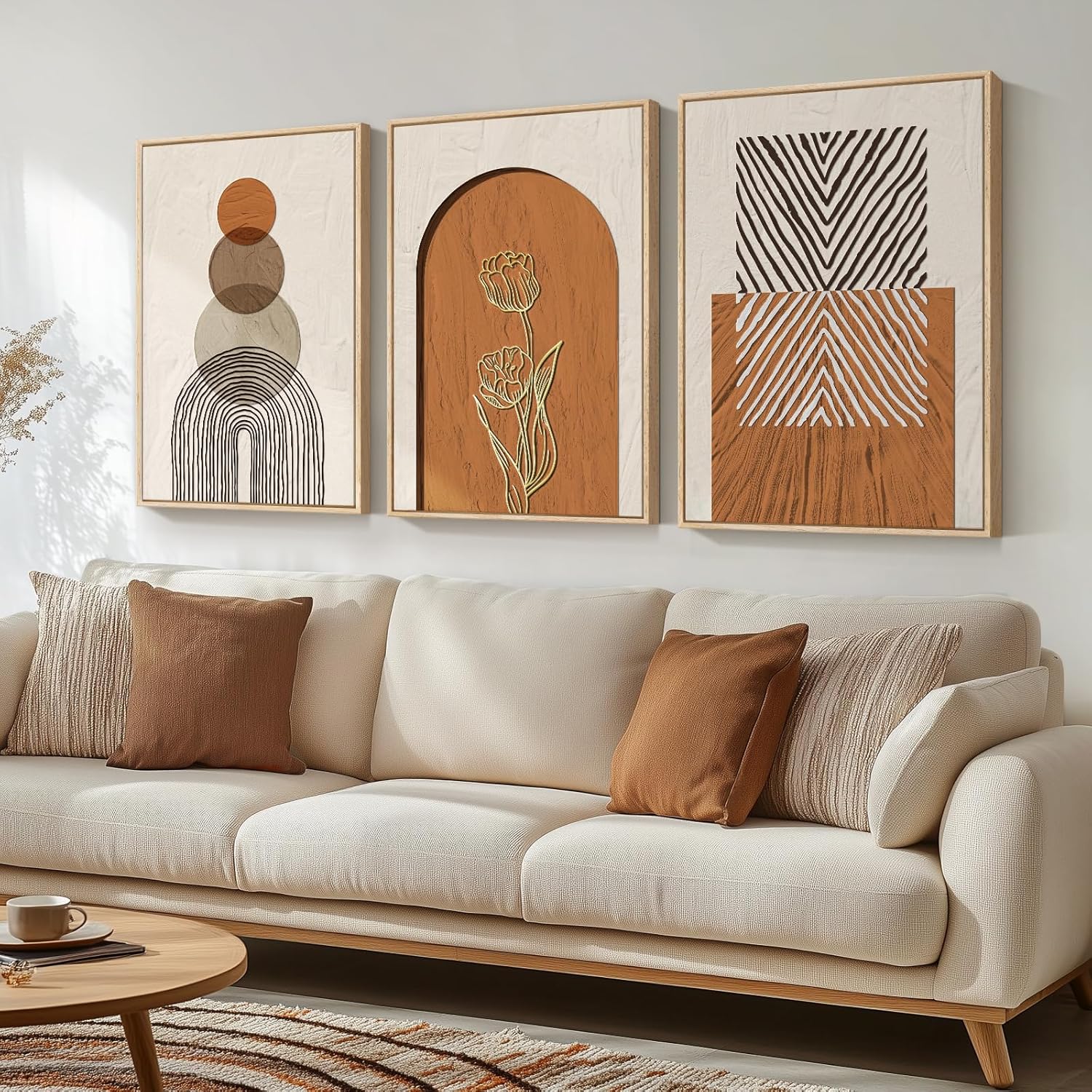 Framed Sage Green Boho Wall Art for Living Room, 3 Piece Minimalist Beige and Green Bohemian Artwork for Walls, Large Geometric Leaf Line Boho Paintings Prints for Bedroom Hallway Wall Decor, 16x24 In