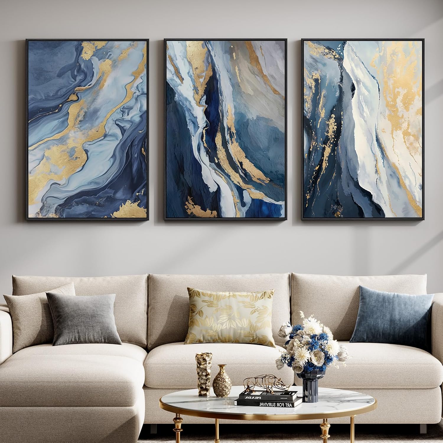 Large Framed Blue and Grey Abstract Wall Art for Living Room, 3 Piece Modern Canvas Prints Paintings Artwork for Walls, Minimalist Abstract Pictures Wall Decor for Hallway Office Bedroom 24x36 In