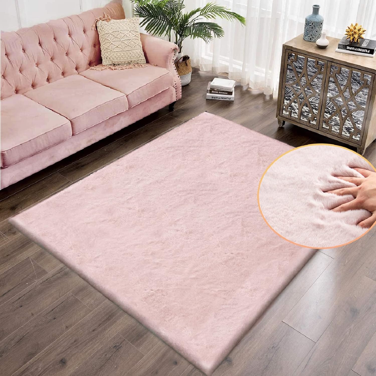 ORINOVA Pink Washable Fluffy 5x8 Area Rugs for Bedroom Plush Faux Rabbit Shag Fur Rug for Living Room Nursery Rug