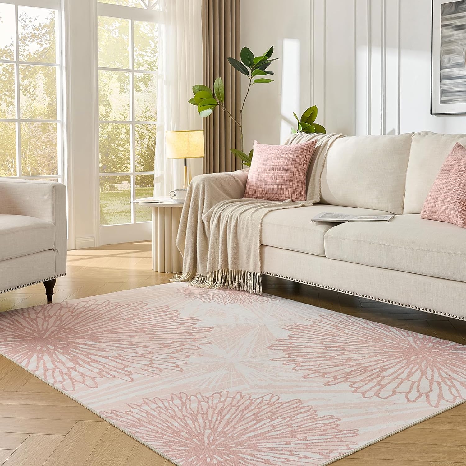 WITSHOCK Pink Rugs 9x12 for Bedroom Girls,Floral Modern Distress Print Pattern Carpet for Living Room Dining Room,Stain Resistant Anti Slip Backing Rugs for Kids Room Nursery Playroom,Light Pink