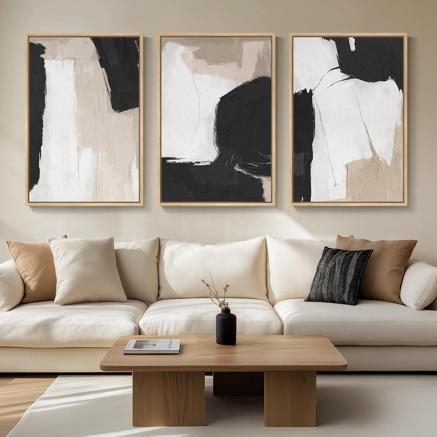 Large Framed Neutral Abstract Wall Art for Living Room, 3 Piece Modern Canvas Prints Paintings Artwork for Walls, Black and Beige Pictures for Living Room Hallway Stair Office Wall Decor 24x36 Inch