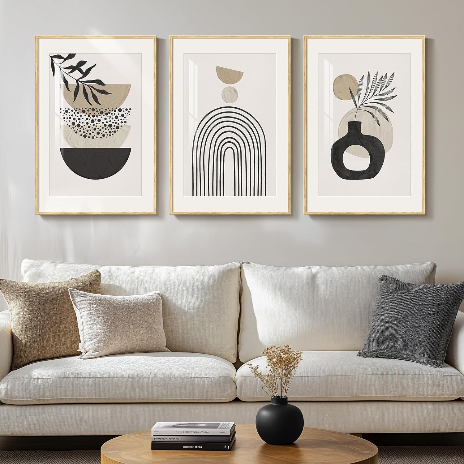 Framed Sage Green Boho Wall Art for Living Room, 3 Piece Minimalist Beige and Green Bohemian Artwork for Walls, Large Geometric Leaf Line Boho Paintings Prints for Bedroom Hallway Wall Decor, 16x24 In