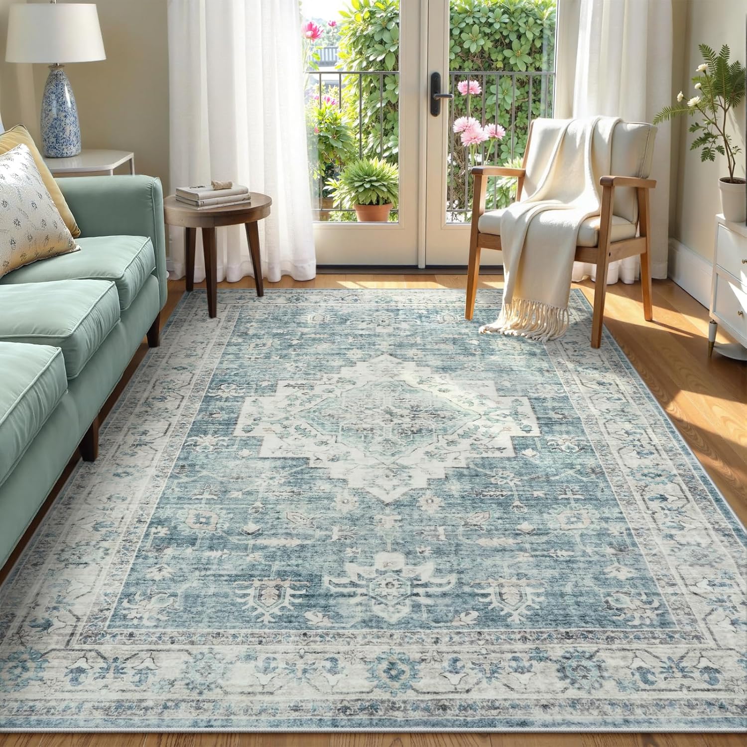 LIVEBOX Pink 8x10 Area Rug for Bedroom Girls, Boho Washable Rugs for Living Room Nursery, Non-Slip Indoor Soft Carpet Low-Pile Farmhouse Carpets for Dining Room Kids Playroom, Pink