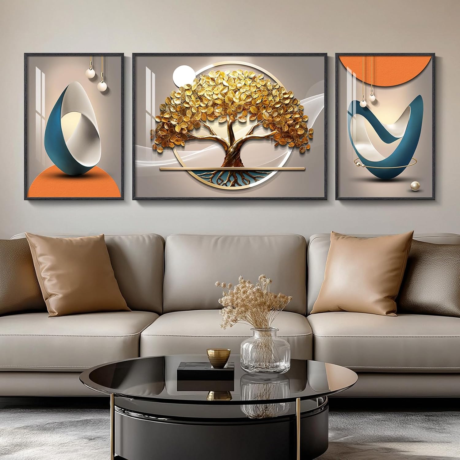 Large Framed Modern Luxury Gold Wall Art for Living Room, 3 Piece Bright Style Art Prints Paintings Artwork for Walls, Bronze Gold Geometric Pictures for Hallway Stair Office Wall Decor 24x36 In