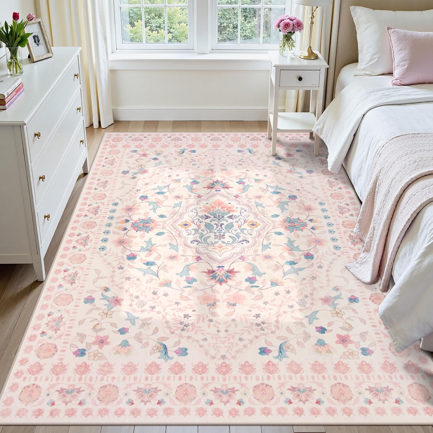 Wonnitar Floral Bow Print 8x10 Area Rugs, Washable Pink Rugs for Bedroom Girls, Boho Ultra-Thin Soft Non Slip Carpet for Nursery Living Room Kids Room Classroom Decor, Light Pink