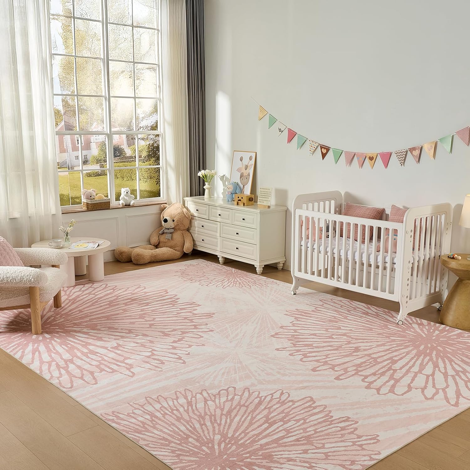 WITSHOCK Pink Rugs 9x12 for Bedroom Girls,Floral Modern Distress Print Pattern Carpet for Living Room Dining Room,Stain Resistant Anti Slip Backing Rugs for Kids Room Nursery Playroom,Light Pink