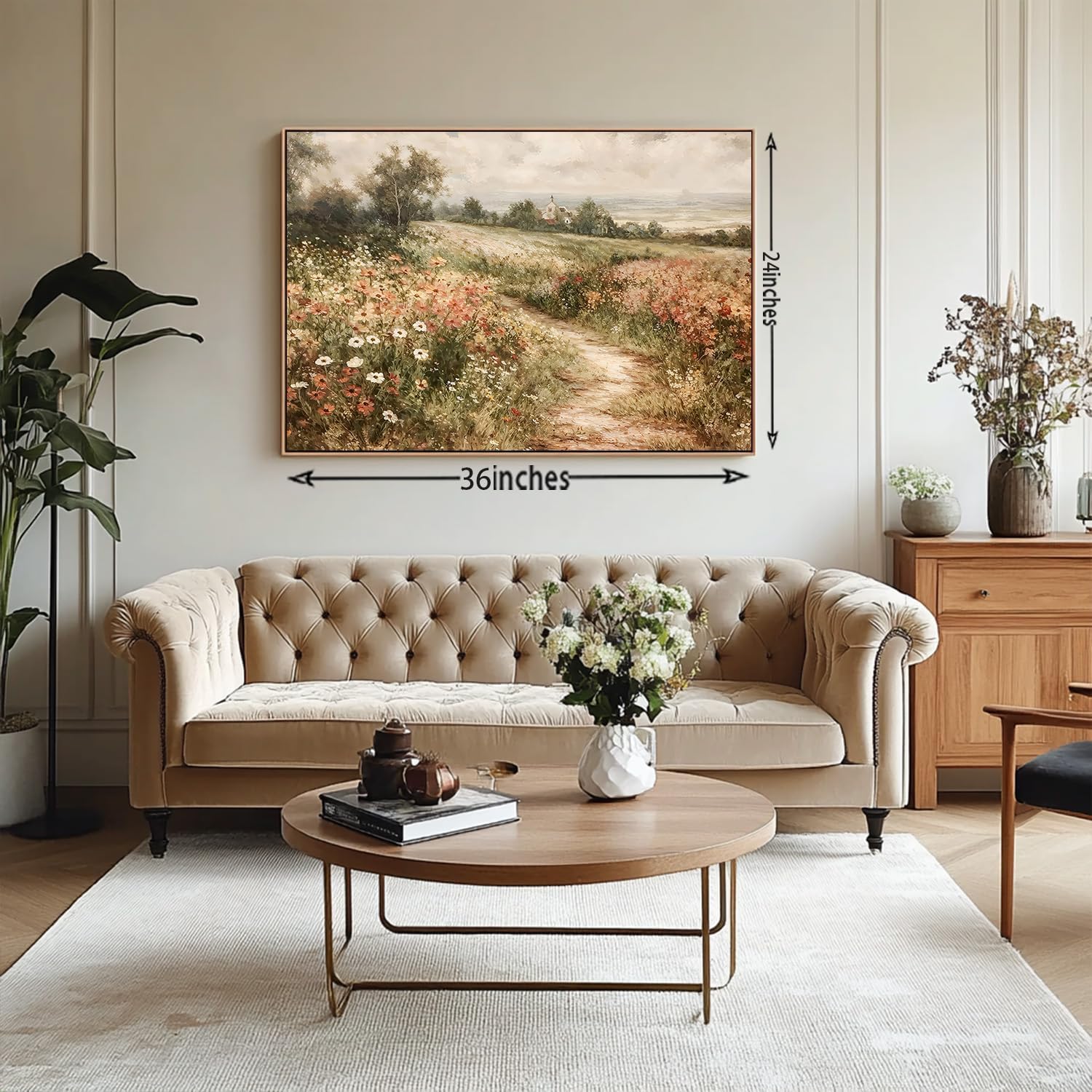 OIQArtOIQ Framed Canvas Wall Art,Vintage Decor,Landscape Nature Country Wildflower Paintings Farmhouse Pictures Modern Artwork Rustic Fall Flower Prints Cottagecore Office Living Room Bedroom Bathroom