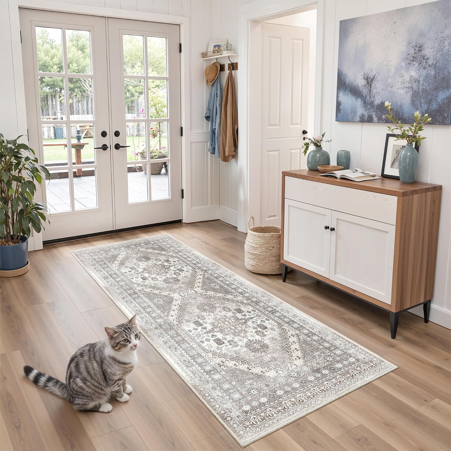 zesthome 9x12 Area Rugs for Girls Bedroom, Low Pile Machine Washable Rugs, Vintage Large Pink Rugs, Stain Resistant Nursery Room Rug, Baby Crawling Rug (Pink/Blue,9'x12')