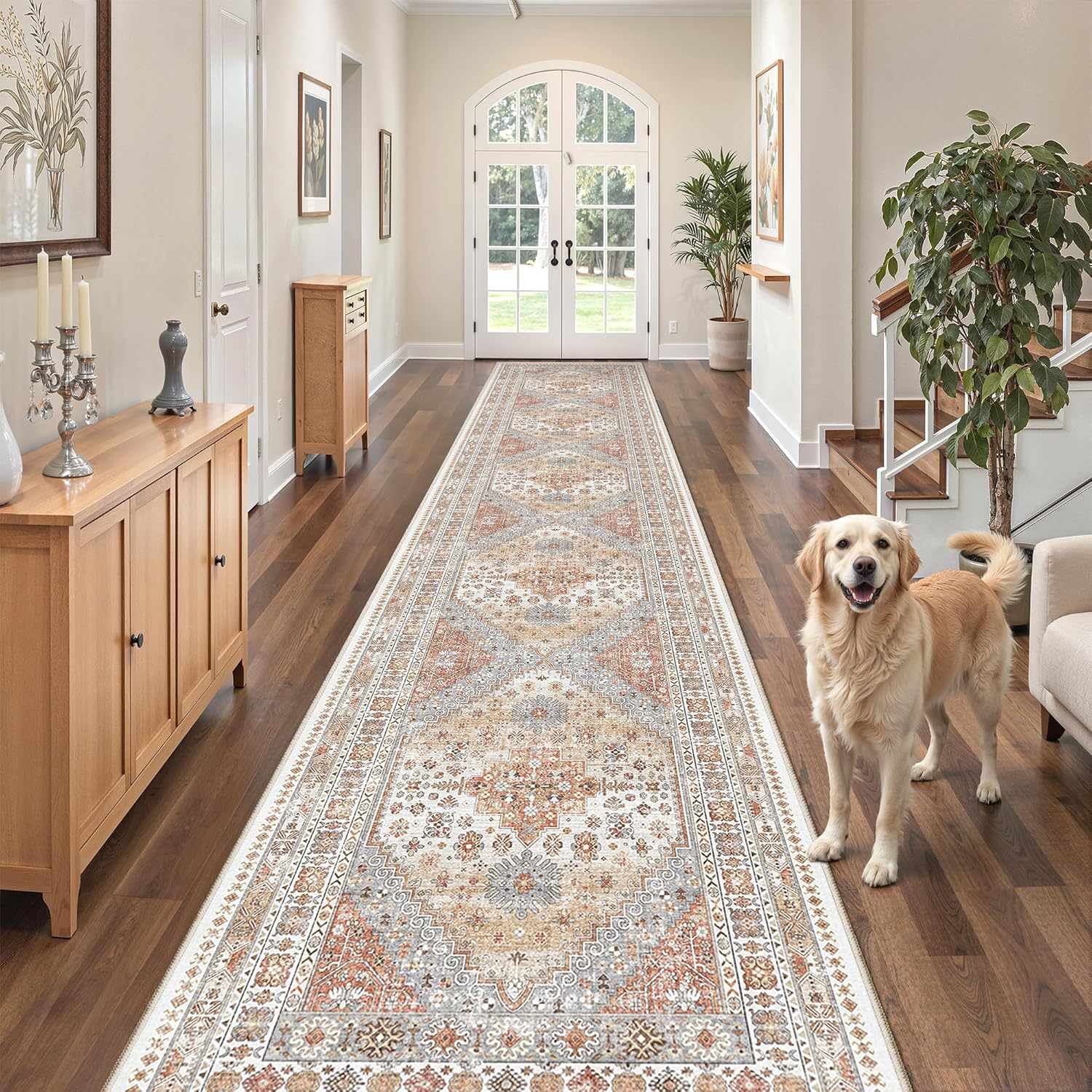 zesthome 9x12 Area Rugs for Girls Bedroom, Low Pile Machine Washable Rugs, Vintage Large Pink Rugs, Stain Resistant Nursery Room Rug, Baby Crawling Rug (Pink/Blue,9'x12')