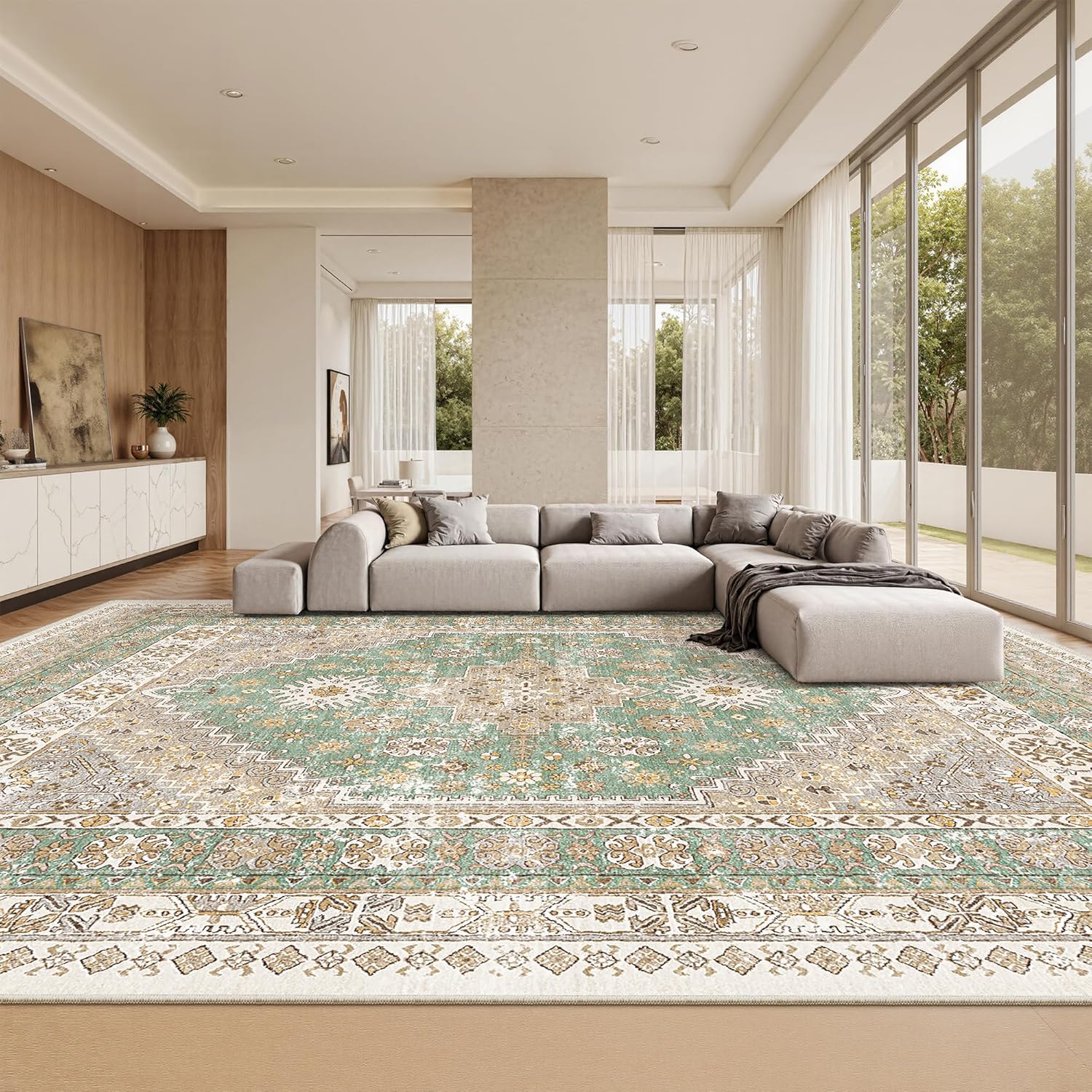 zesthome 9x12 Area Rugs for Girls Bedroom, Low Pile Machine Washable Rugs, Vintage Large Pink Rugs, Stain Resistant Nursery Room Rug, Baby Crawling Rug (Pink/Blue,9'x12')