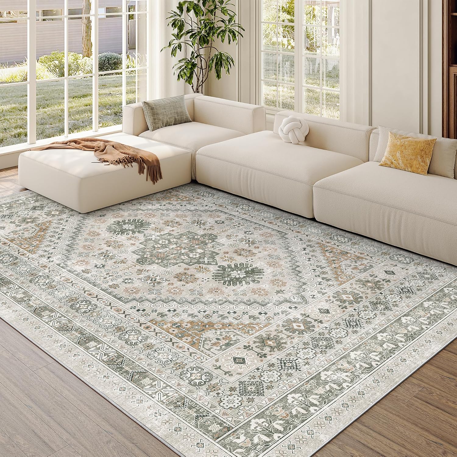 zesthome 9x12 Area Rugs for Girls Bedroom, Low Pile Machine Washable Rugs, Vintage Large Pink Rugs, Stain Resistant Nursery Room Rug, Baby Crawling Rug (Pink/Blue,9'x12')