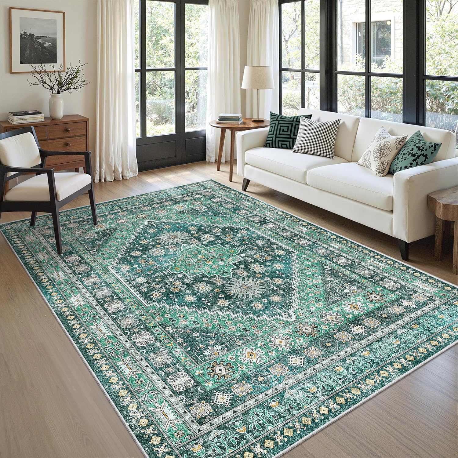 zesthome 9x12 Area Rugs for Girls Bedroom, Low Pile Machine Washable Rugs, Vintage Large Pink Rugs, Stain Resistant Nursery Room Rug, Baby Crawling Rug (Pink/Blue,9'x12')