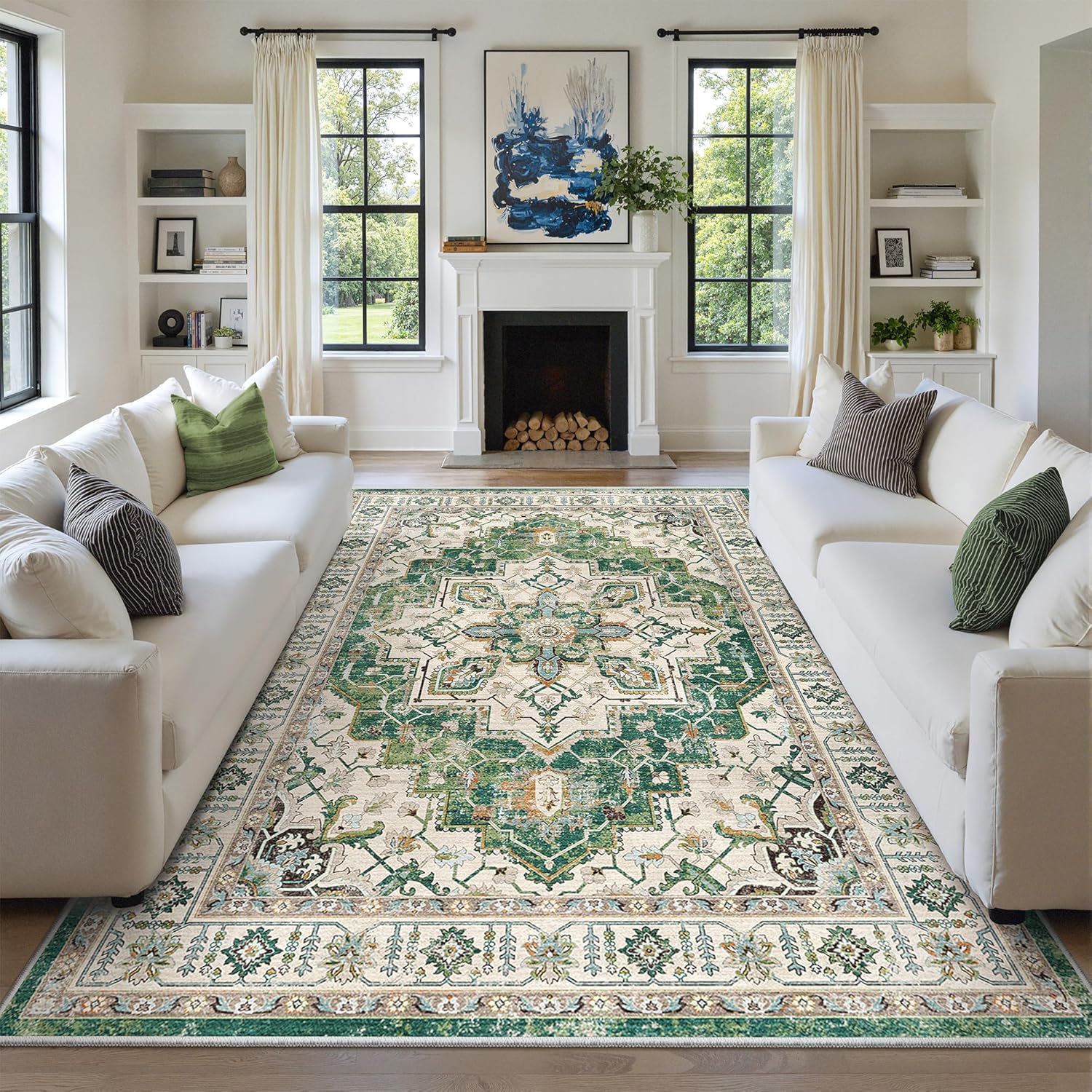 zesthome 9x12 Area Rugs for Girls Bedroom, Low Pile Machine Washable Rugs, Vintage Large Pink Rugs, Stain Resistant Nursery Room Rug, Baby Crawling Rug (Pink/Blue,9'x12')