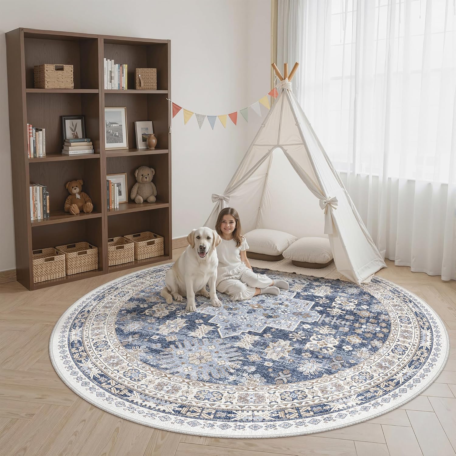 zesthome 9x12 Area Rugs for Girls Bedroom, Low Pile Machine Washable Rugs, Vintage Large Pink Rugs, Stain Resistant Nursery Room Rug, Baby Crawling Rug (Pink/Blue,9'x12')