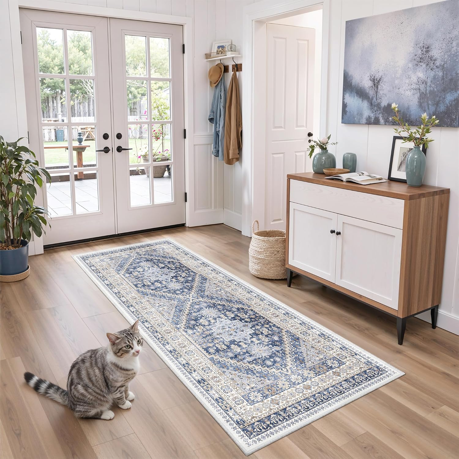 zesthome 9x12 Area Rugs for Girls Bedroom, Low Pile Machine Washable Rugs, Vintage Large Pink Rugs, Stain Resistant Nursery Room Rug, Baby Crawling Rug (Pink/Blue,9'x12')