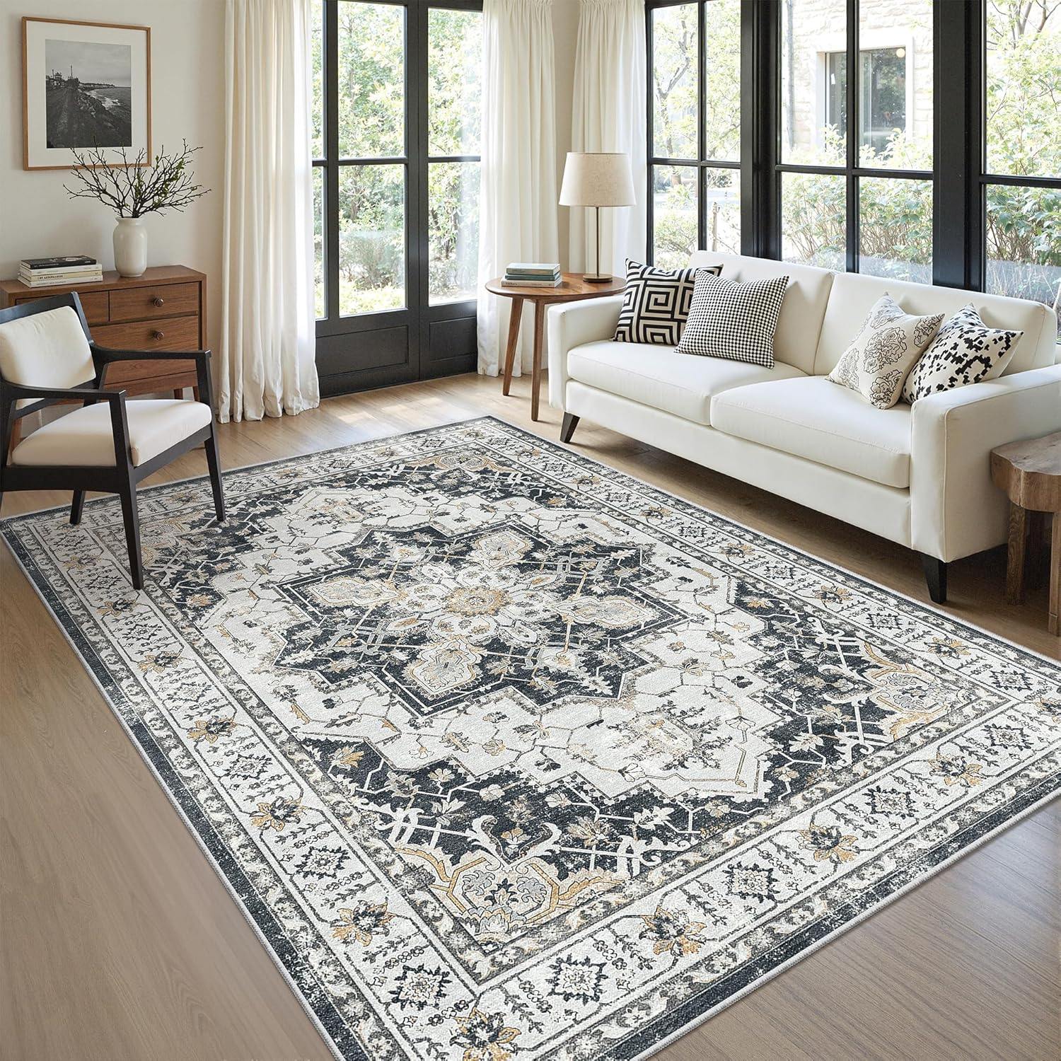 zesthome 9x12 Area Rugs for Girls Bedroom, Low Pile Machine Washable Rugs, Vintage Large Pink Rugs, Stain Resistant Nursery Room Rug, Baby Crawling Rug (Pink/Blue,9'x12')