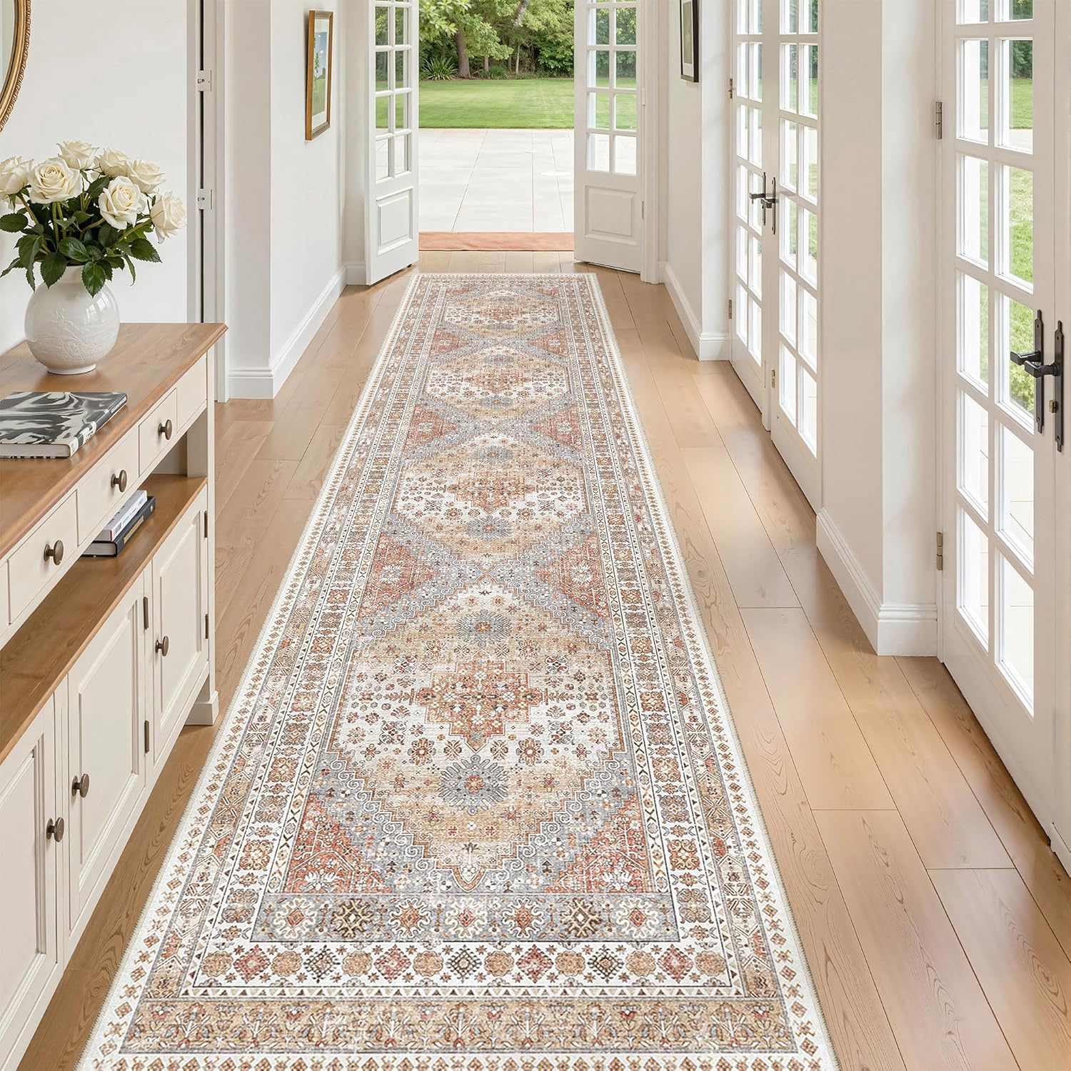 zesthome 9x12 Area Rugs for Girls Bedroom, Low Pile Machine Washable Rugs, Vintage Large Pink Rugs, Stain Resistant Nursery Room Rug, Baby Crawling Rug (Pink/Blue,9'x12')