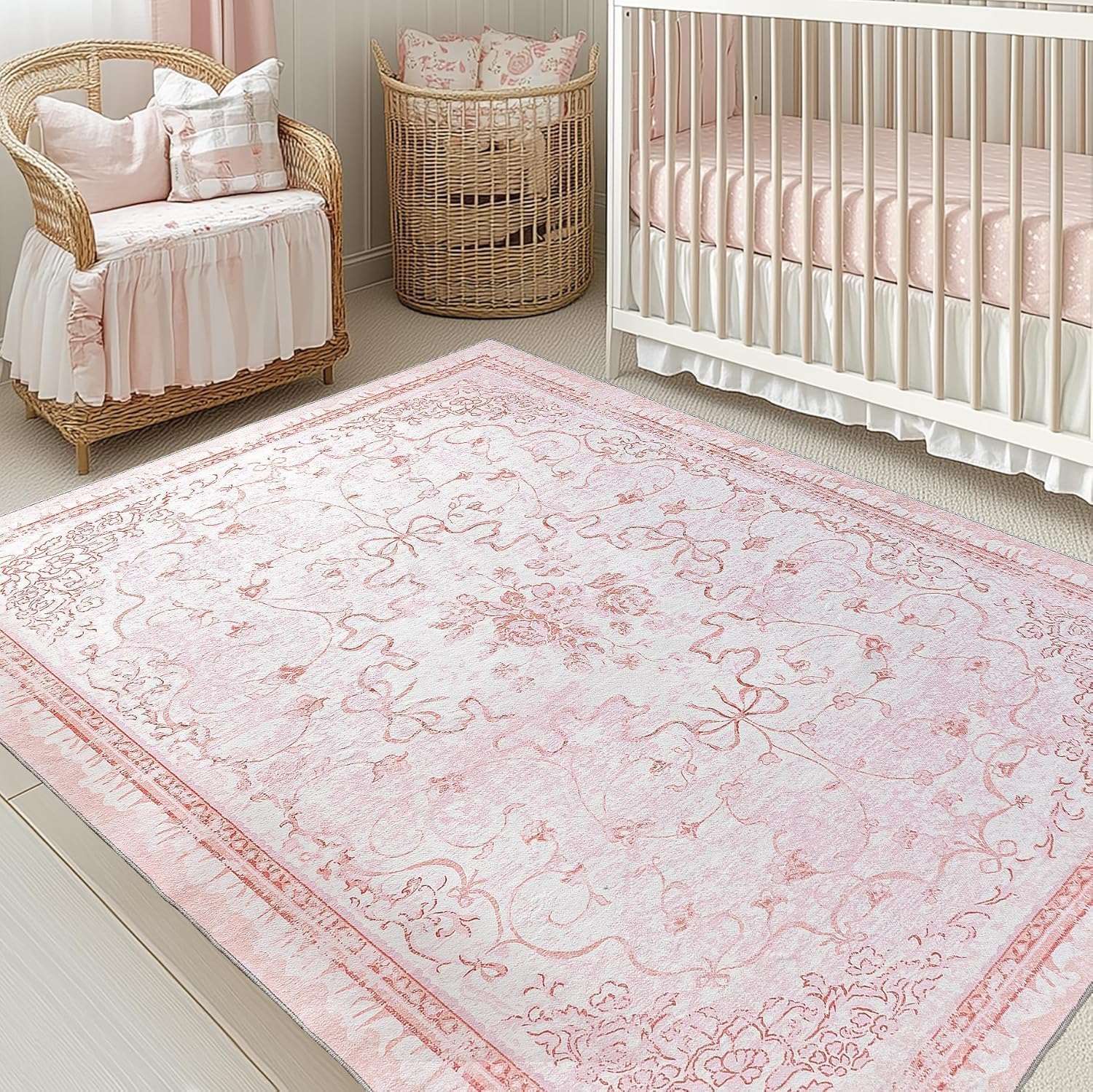 REBBORUG Pink Area Rugs for Bedroom Nursery 6x9 - Teen Girls Coquette Cute Room Decor Aesthetic Washable Vintage Cottage Core Floral Bow Dorm Rug for College Playroom