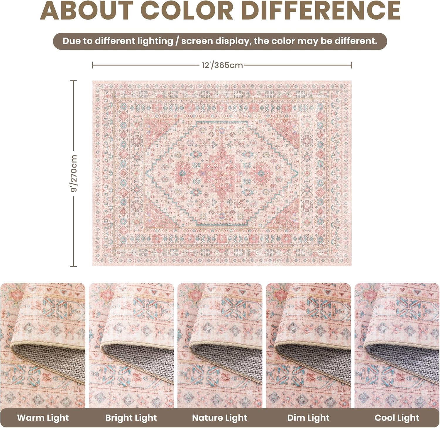 zesthome 9x12 Area Rugs for Girls Bedroom, Low Pile Machine Washable Rugs, Vintage Large Pink Rugs, Stain Resistant Nursery Room Rug, Baby Crawling Rug (Pink/Blue,9'x12')