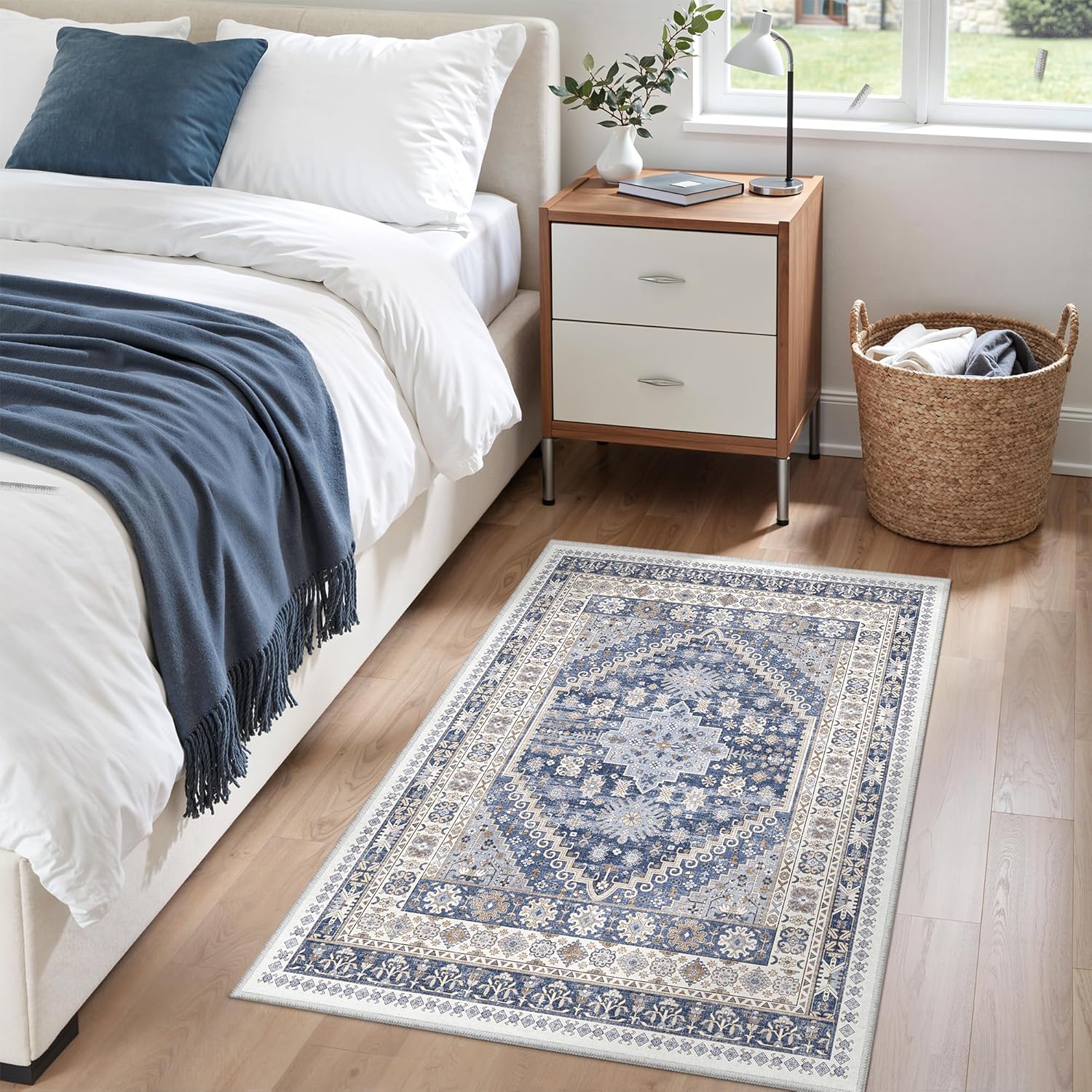 zesthome 9x12 Area Rugs for Girls Bedroom, Low Pile Machine Washable Rugs, Vintage Large Pink Rugs, Stain Resistant Nursery Room Rug, Baby Crawling Rug (Pink/Blue,9'x12')